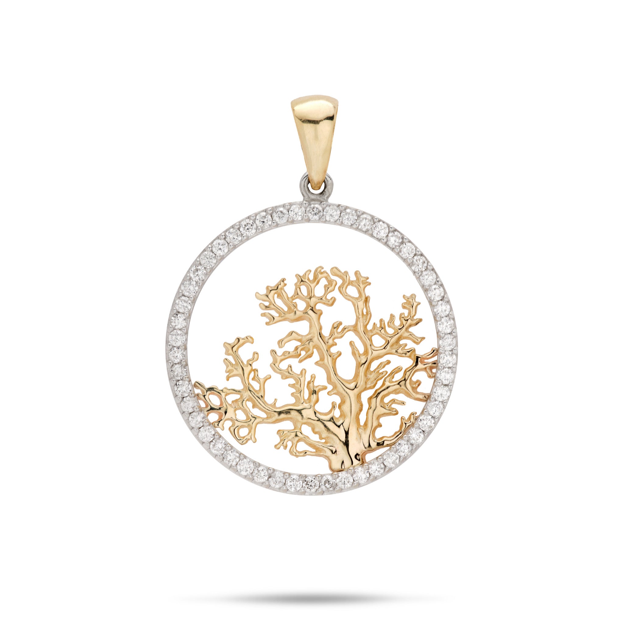 24mm Coral Tree Pendant with Diamonds in 14k White and Yellow Gold on a White Background
