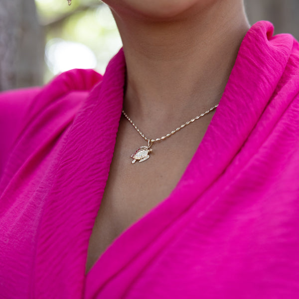 A woman wearing a Honu Pendant in Gold - 18mm-Maui Divers Jewelry