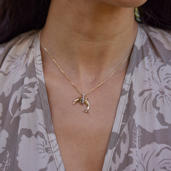 Dolphin Pendant in Two Tone Gold with Diamonds - 19mm
