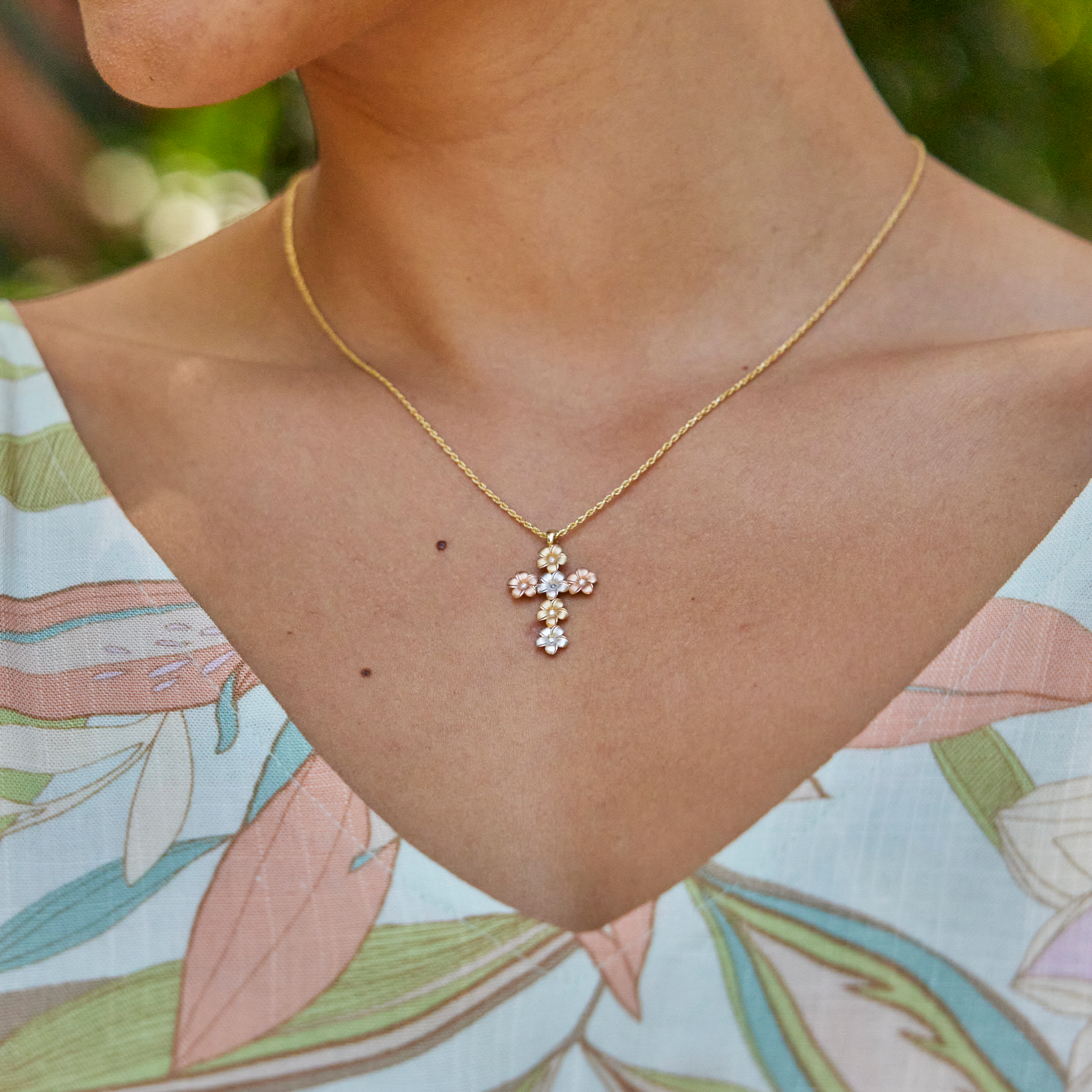Plumeria Cross Pendant with Diamonds in Tri Color Gold - 25mm