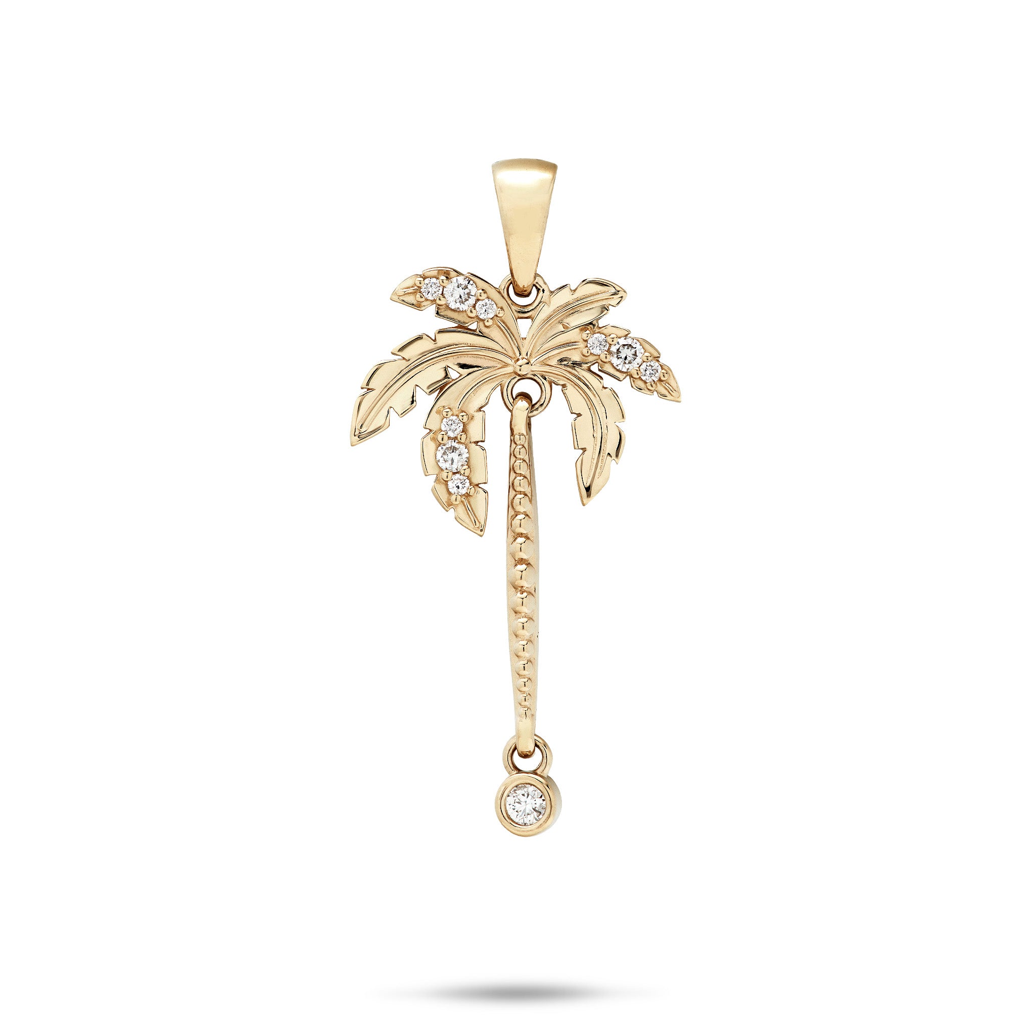 A 14k gold pendant shaped like a palm tree, featuring diamonds set along the leaves and a round bevel set diamond hanging from the bottom of the trunk, shown on a white background.