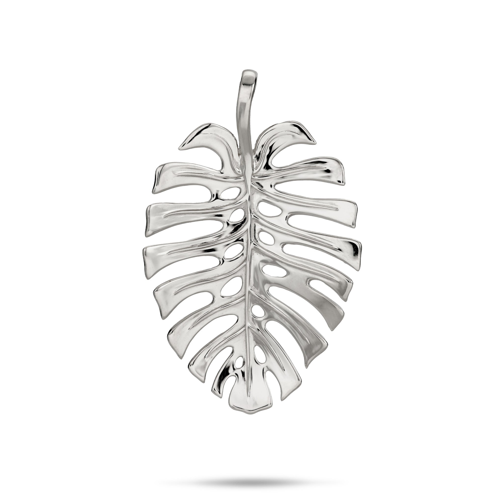 35mm Monstera Pendant in 14k White Gold on a White Background