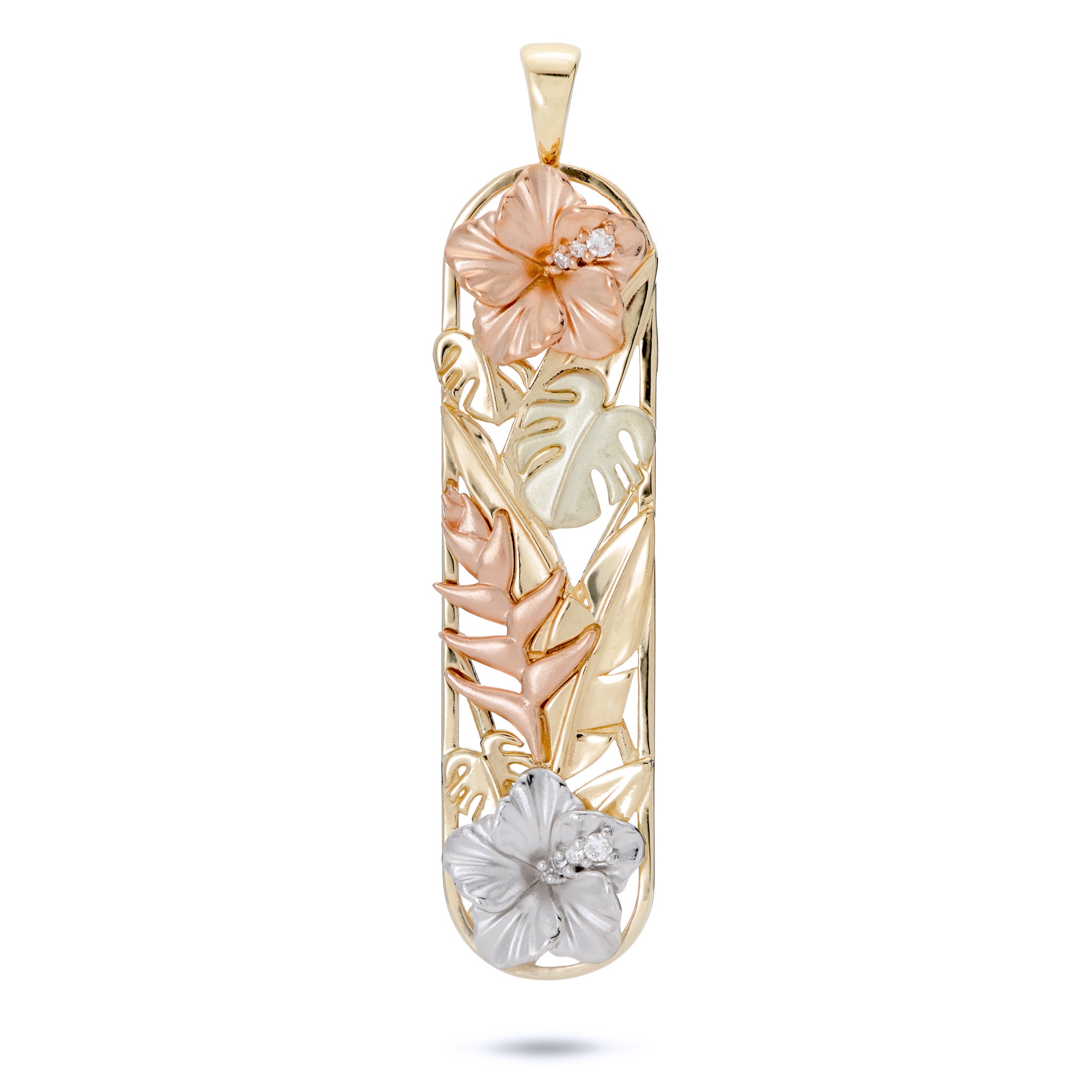 38mm Hawaiian Gardens Pendant with 14k yellow gold round vertical bar design, high-polish banana leaves and monstera, diamond rose gold hibiscus, rose gold heliconia, green gold monstera, and diamond white gold hibiscus on a white background