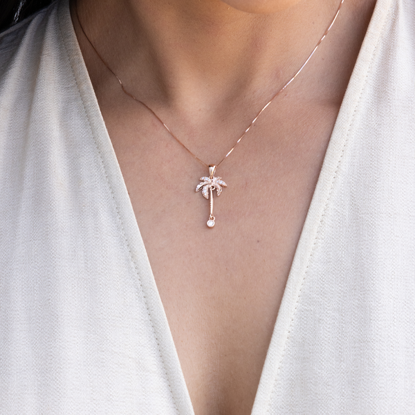 Paradise Palms - Palm Tree Pendant in Rose Gold with Diamonds - 24mm
