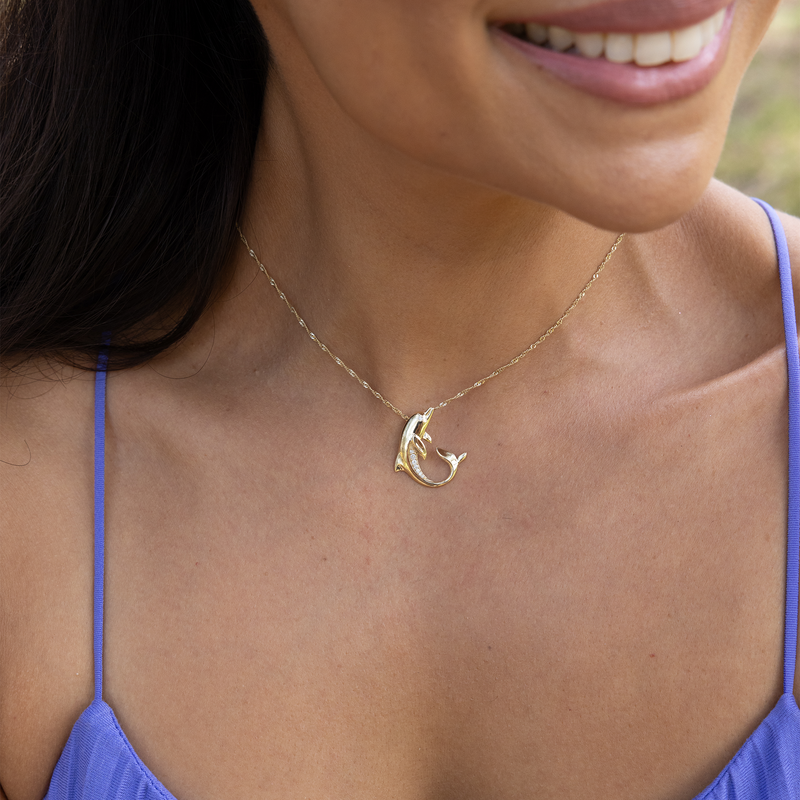 Ocean Dance Dolphin Pendant in Gold with Diamonds - 22mm