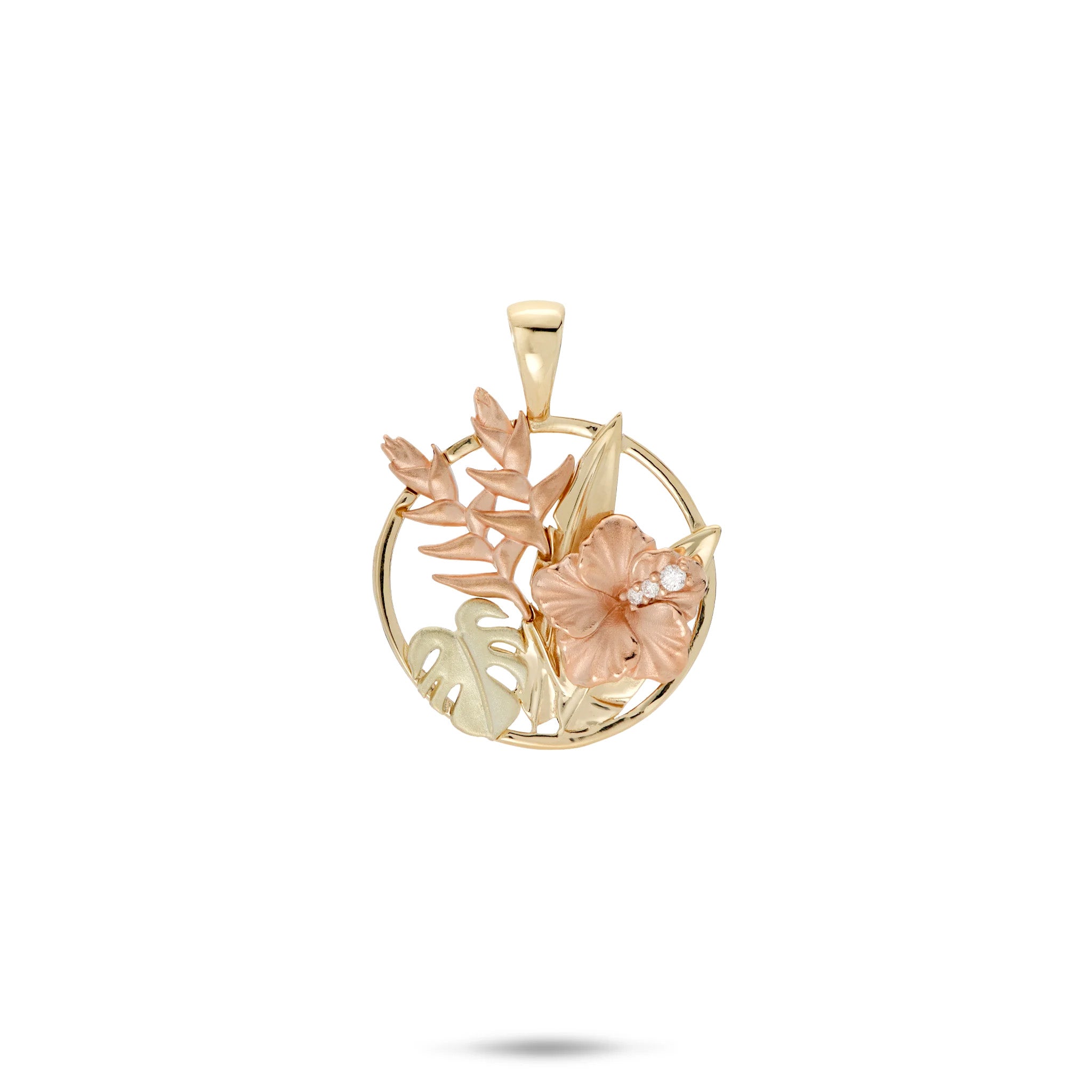 15mm Hawaiian Gardens Pendant with 14k yellow gold round frame, high-polish banana leaves, diamond rose gold hibiscus, rose gold heliconia, and green gold monstera on a white background