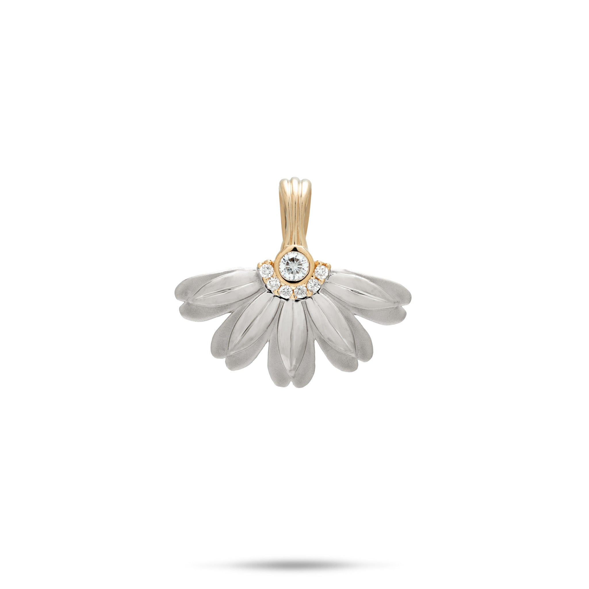 18mm Beach Naupaka Pendant with diamond-accented 14k yellow gold bail and 14k white gold high-polish and satin petals on a white background