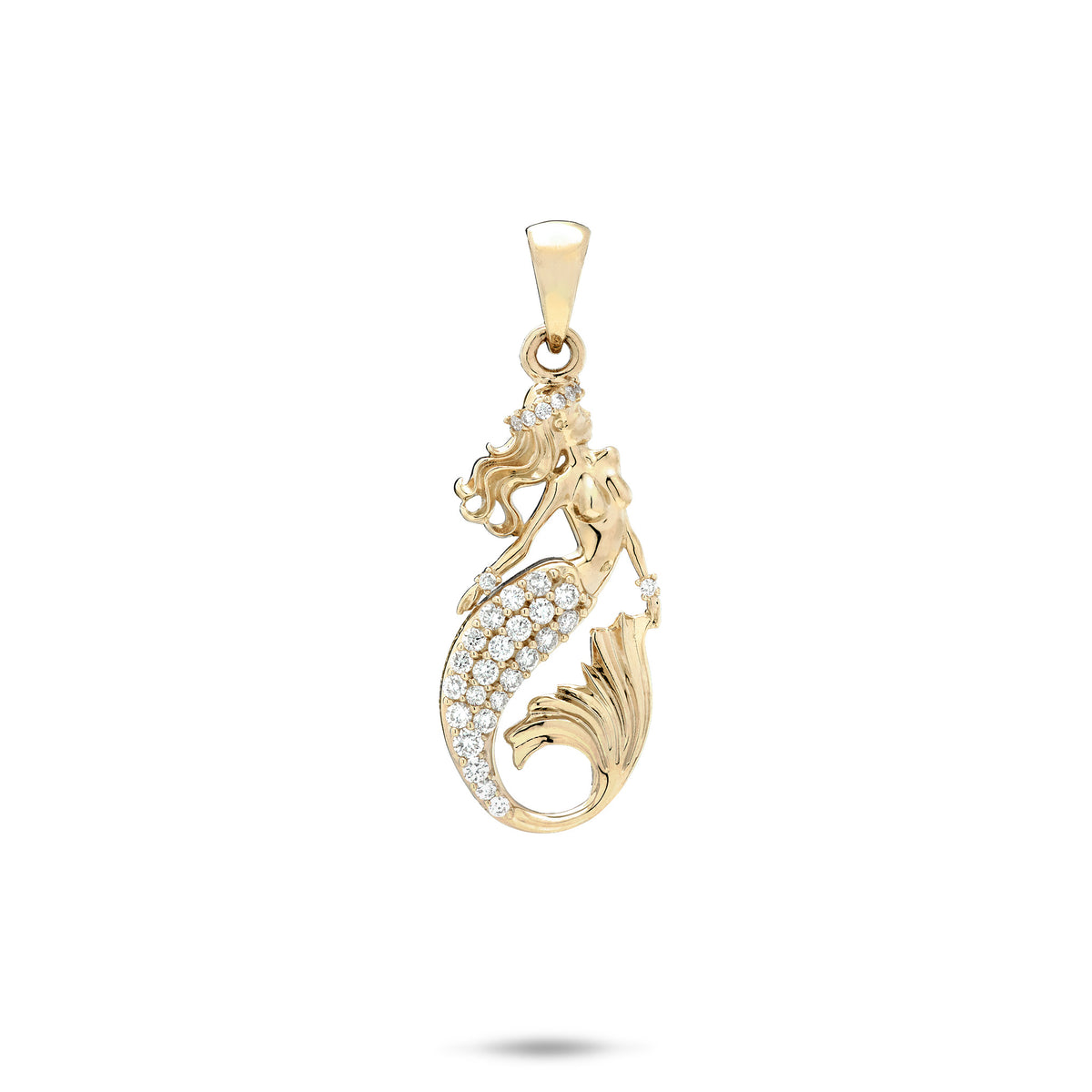 A 14k yellow gold mermaid pendant with a páve diamond head lei, diamond accent on each wrist, and páve diamonds along the body of the tail, shown on a white background