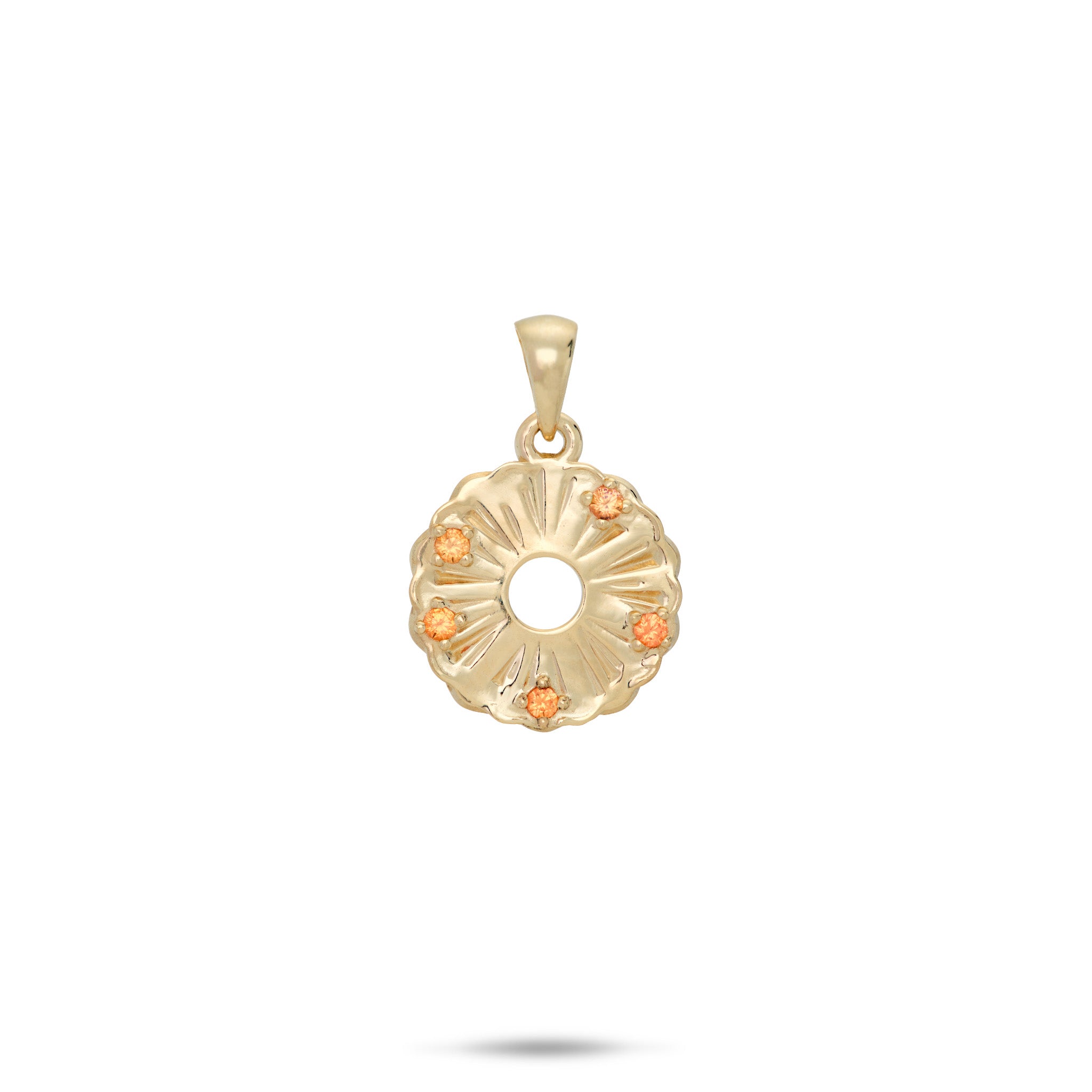 Round Pineapple Slice Pendant in solid 14k yellow gold with orange sapphires on a white background