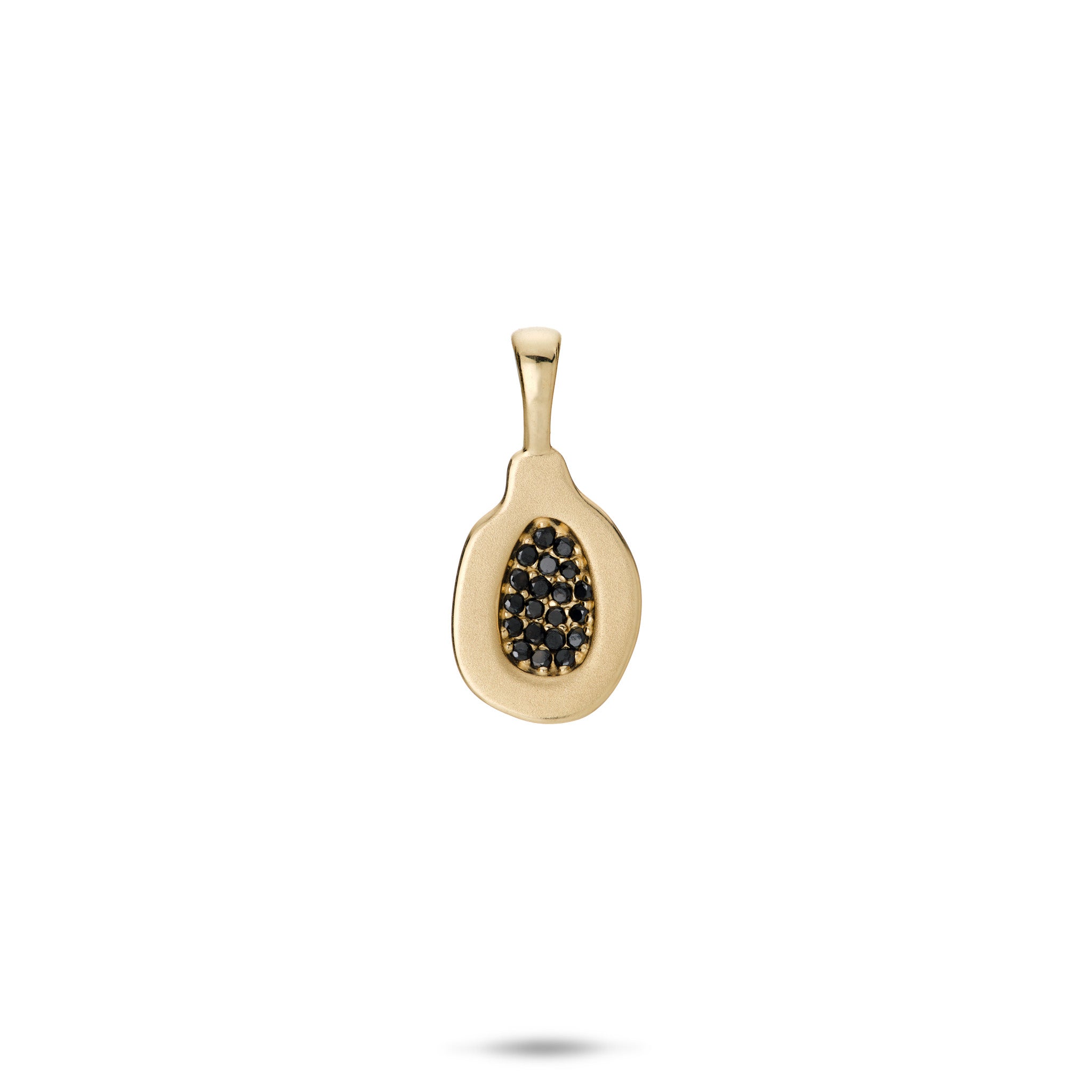 Front view of a 13mm Cute Fruits Papaya Pendant in 14k Yellow Gold with Black Diamonds on a White Background