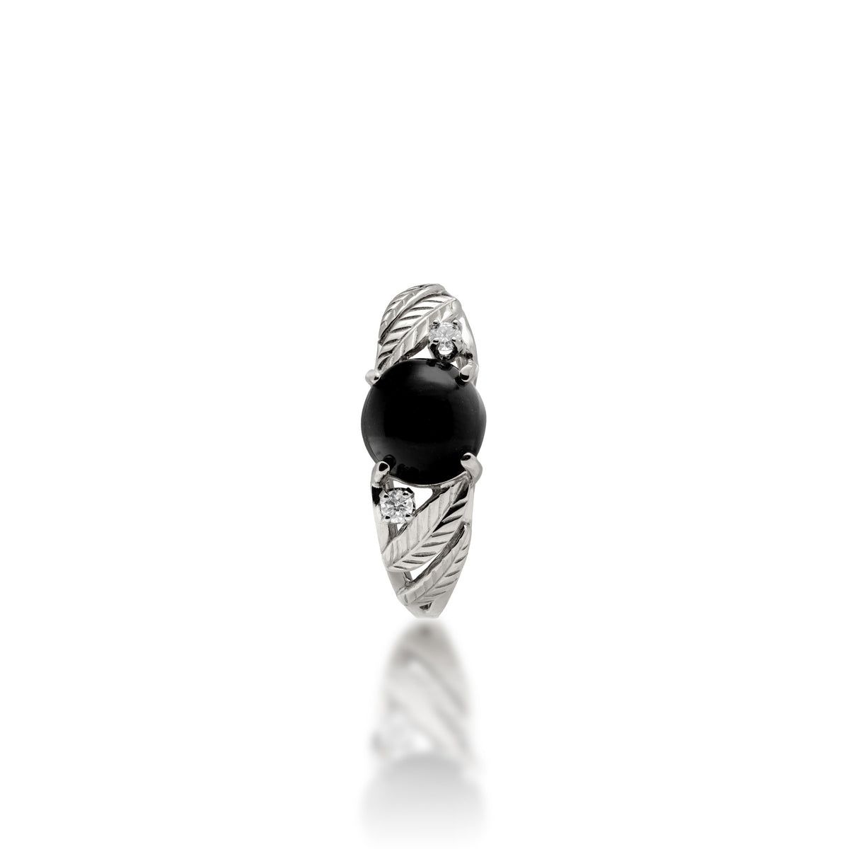 A top view of a 14k yellow gold ring with a round 7mm Hawaiian black coral gem at the crown, a diamond on each side, and diamond-cut maile leaves along the sides of the band, shown on a white background