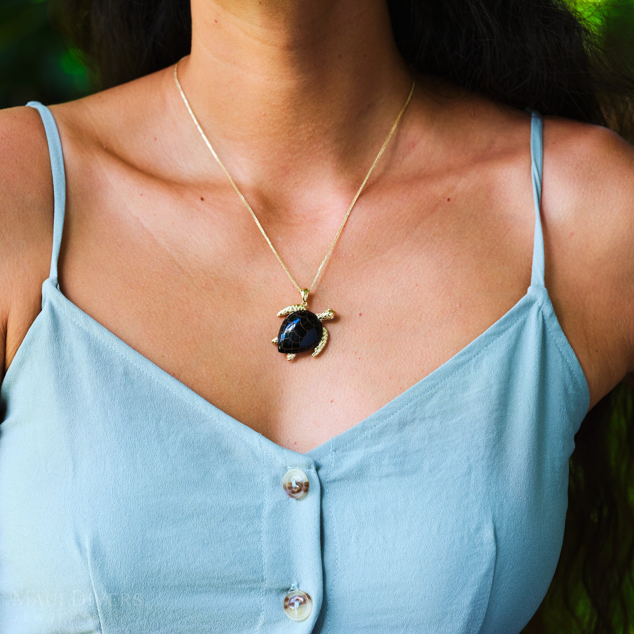 Honu (Sea Turtle) Black Coral Pendant in Gold - 36mm