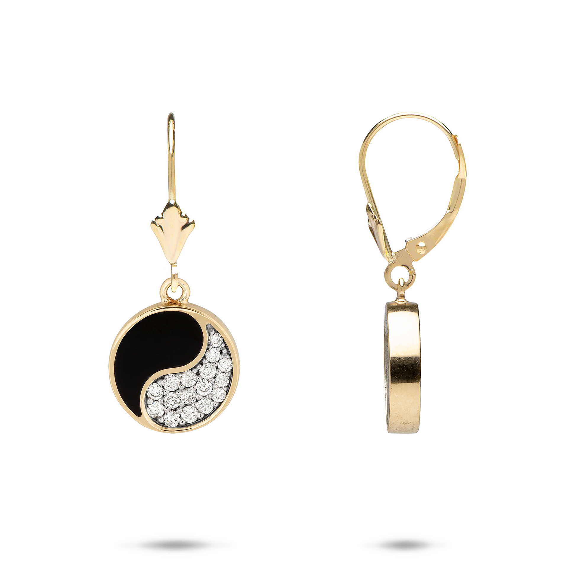 Yin Yang Black Coral Leverback Earrings in Gold with Diamonds - 12mm