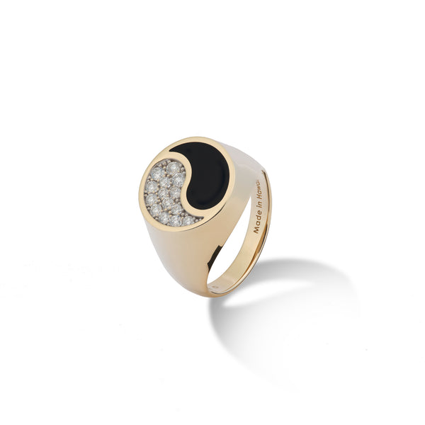 Yin-Yang-Ring mit schwarzer Koralle in Gold mit Diamanten – 17,5 mm