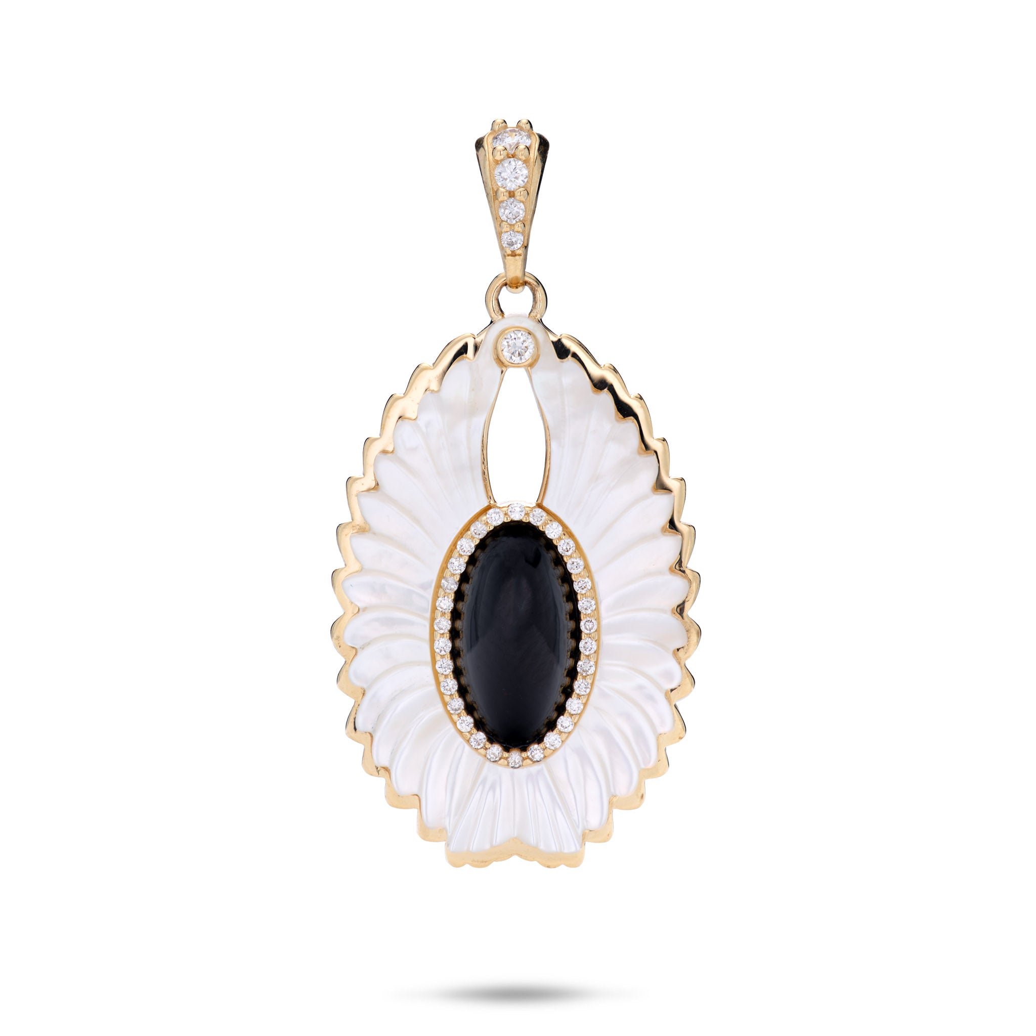 Pueo (Owl) Black Coral and Mother of Pearl Pendant in Gold with Diamonds - 28mm
