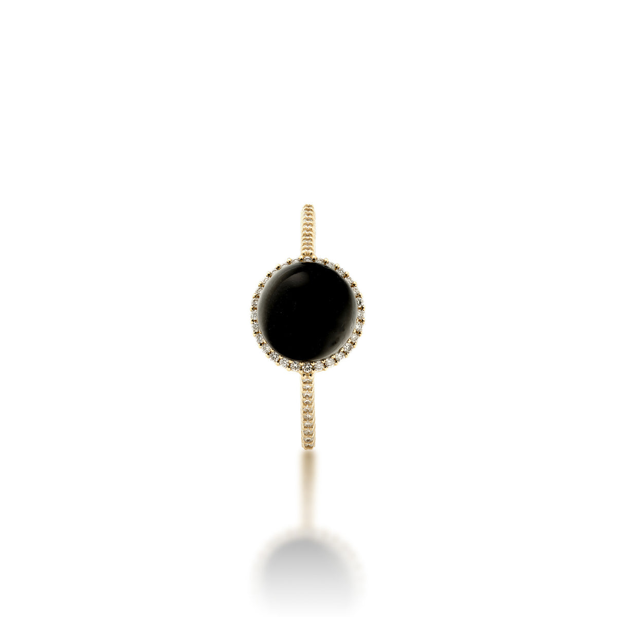 Front view of a 14k gold ring set with a high polished 7-7.9mm Round Hawaiian black coral surrounded with a diamond halo, diamond detail on top half of the band, placed on a reflective white surface.