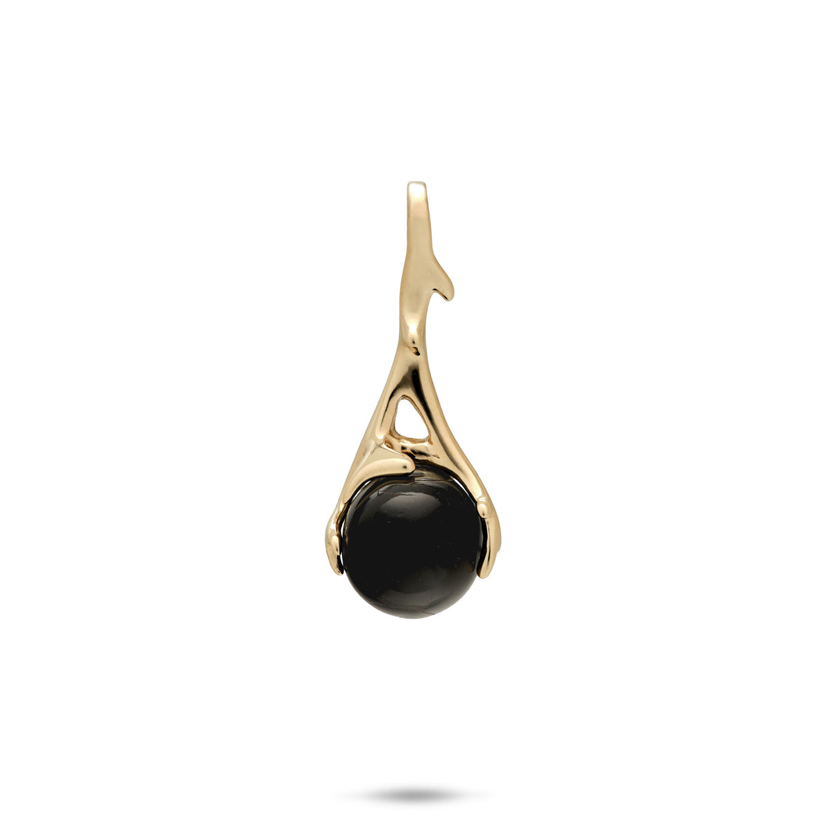 A 25mm Heritage coral branch pendant in 14k gold set with a round Hawaiian Black Coral bead, set on a white background
