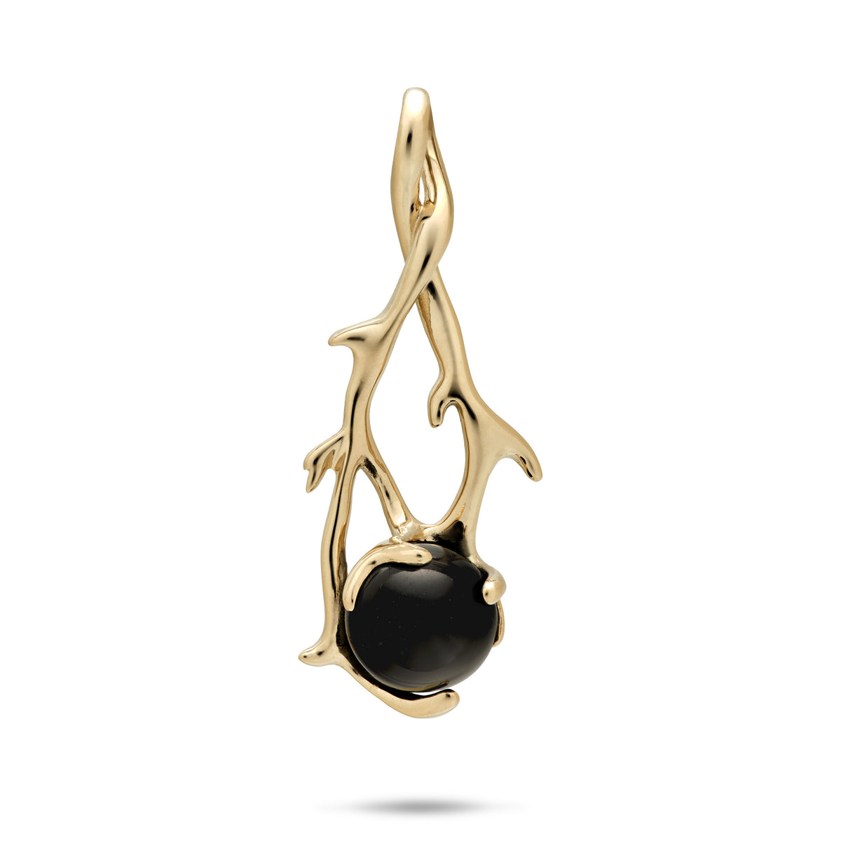 A 39mm Heritage coral branch pendant in 14k gold set with a round Hawaiian Black Coral bead, set on a white background