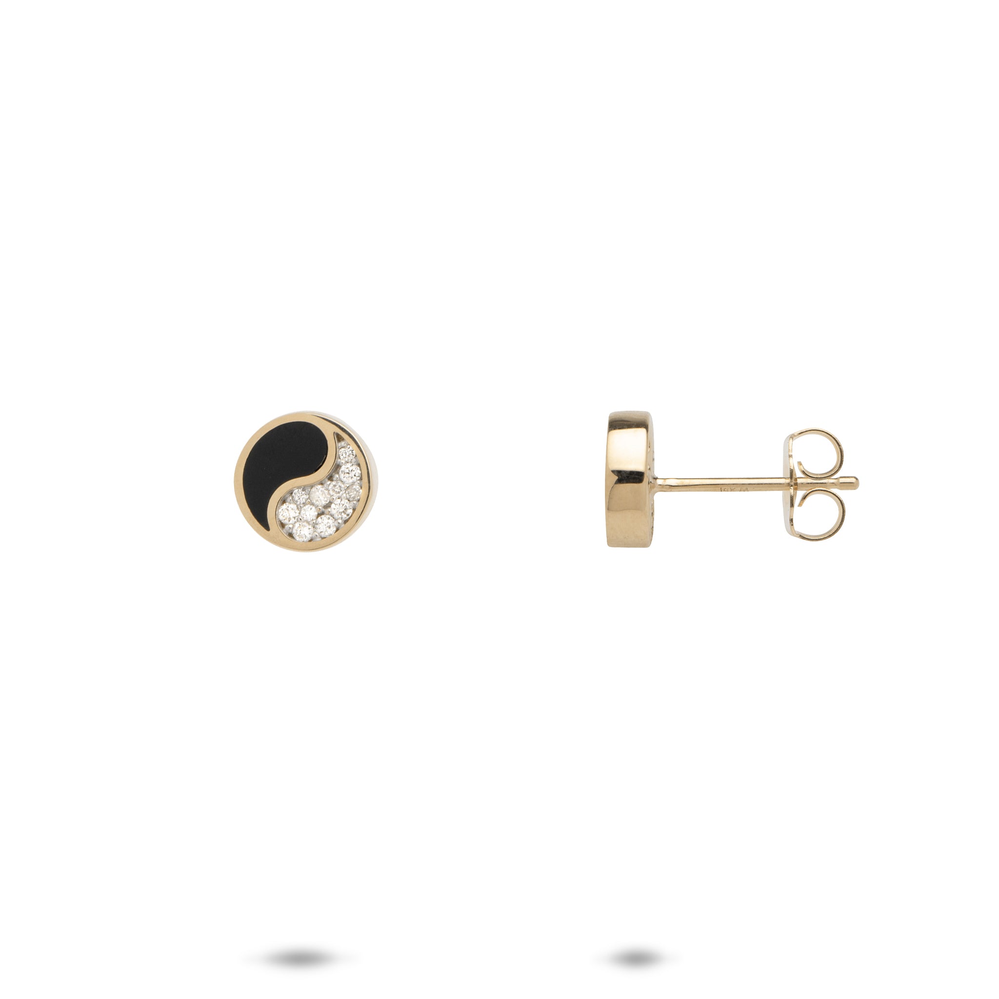 Yin Yang Black Coral Stud Earrings in Gold with Diamonds - 7.5mm