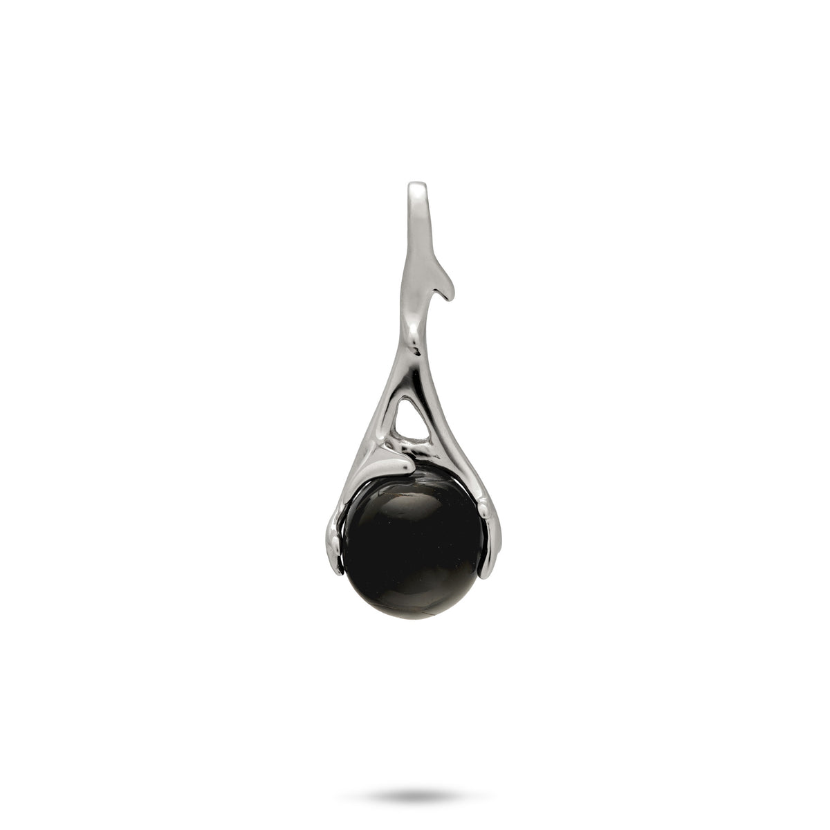 A 25mm Heritage coral branch pendant in 14k white gold set with a Hawaiian Black Coral spherical bead, set on a white background