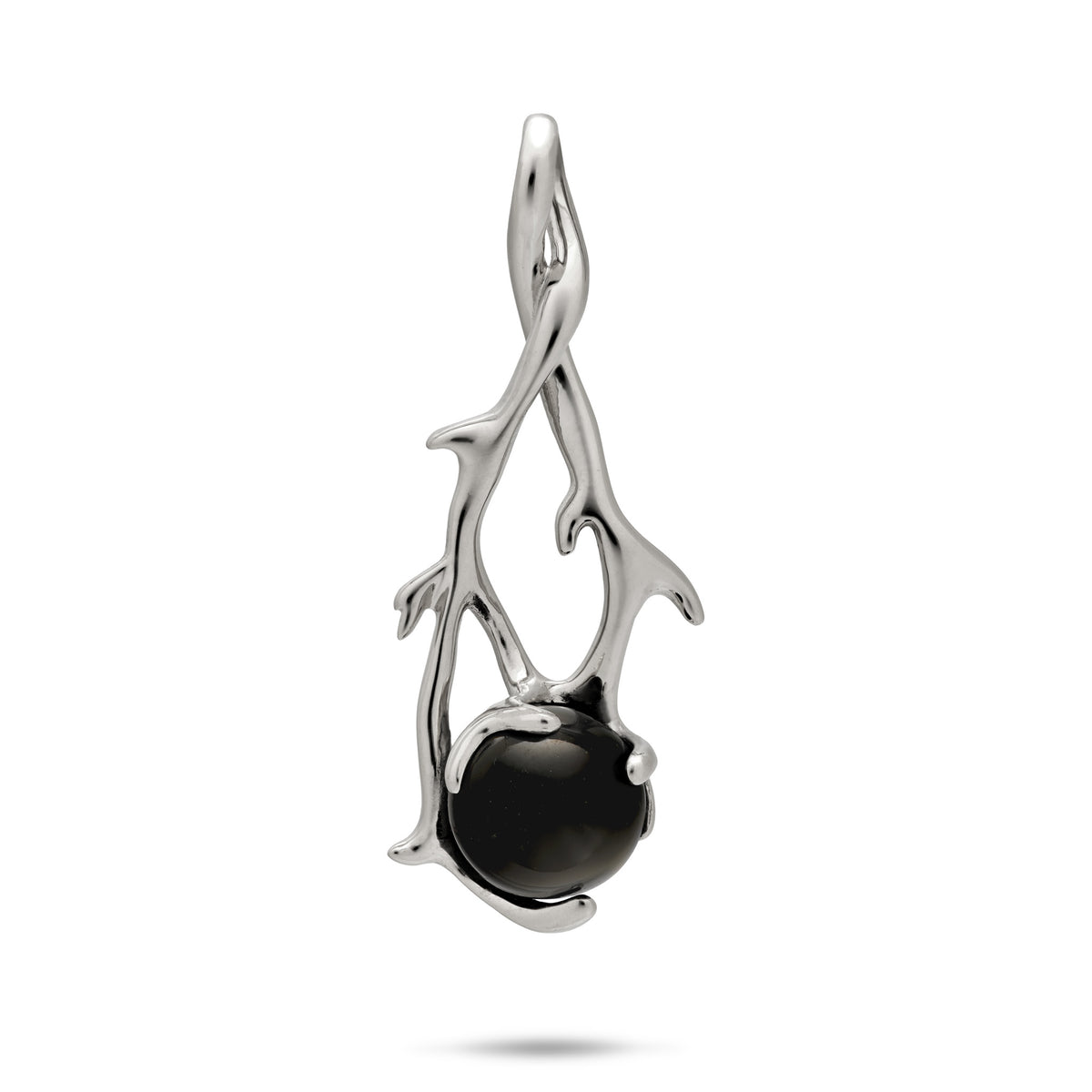 A 39mm Heritage coral branch pendant in 14k white gold set with a Hawaiian Black Coral spherical bead, set on a white background