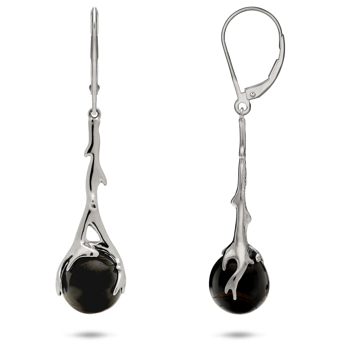 A set of 14k white gold earrings with leverbacks, Heritage coral branches each set with a Hawaiian Black Coral spherical bead, set on a white background