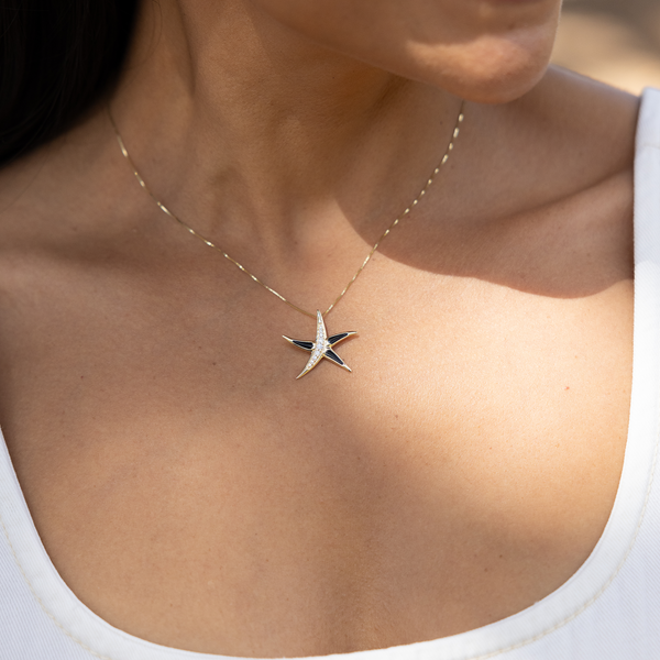 Sealife Starfish Black Coral Pendant in Gold with Diamonds - 23mm