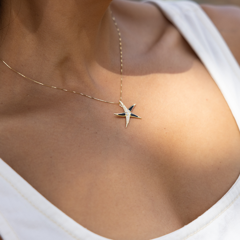 Sealife Starfish Black Coral Pendant in Gold with Diamonds - 23mm