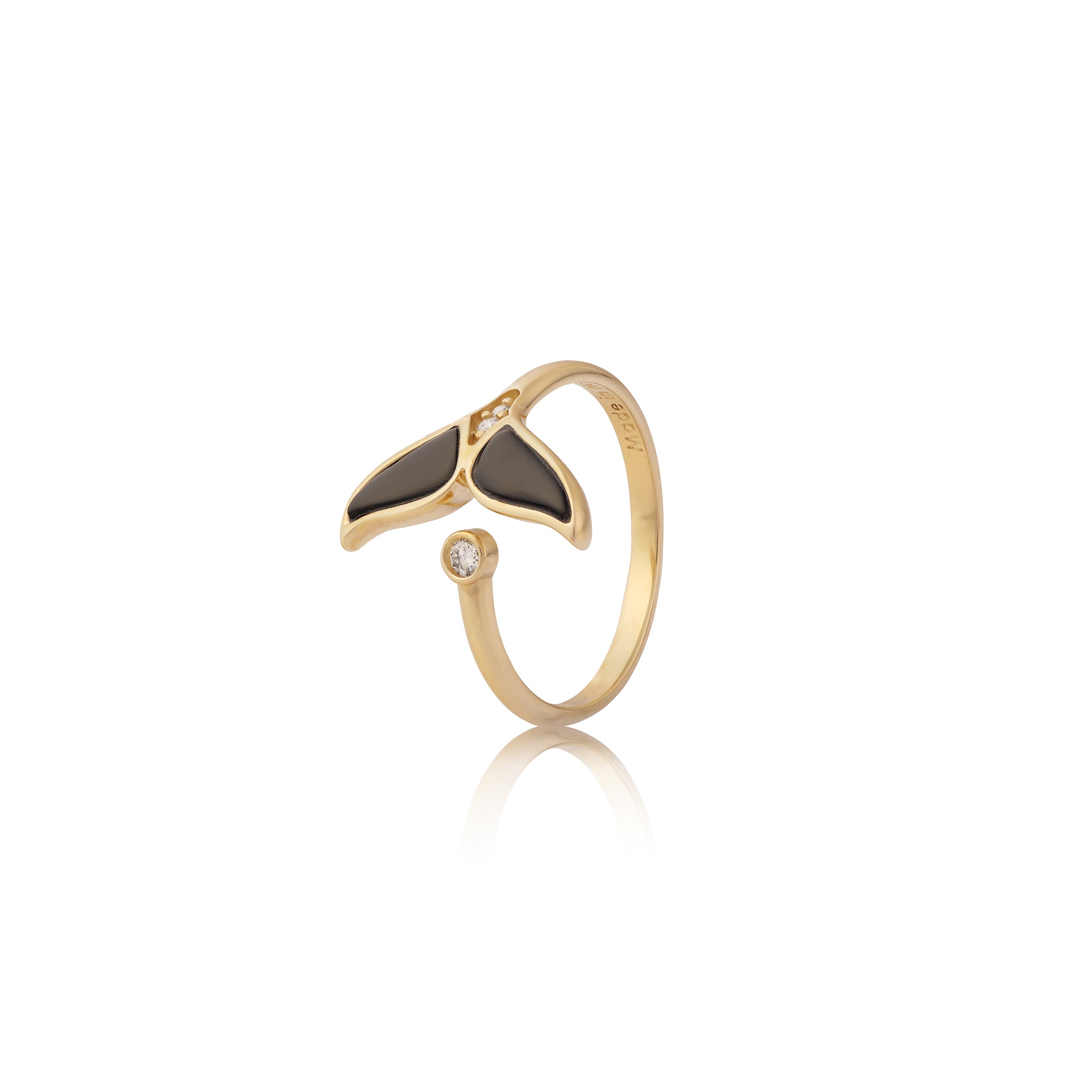 Sealife Whale Tail Black Coral Ring in Gold with Diamonds - 15mm