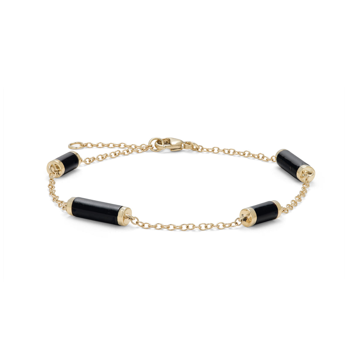 Adjustable 7-7.5" Ocean Chimes Black Coral Bracelet in Gold on white 