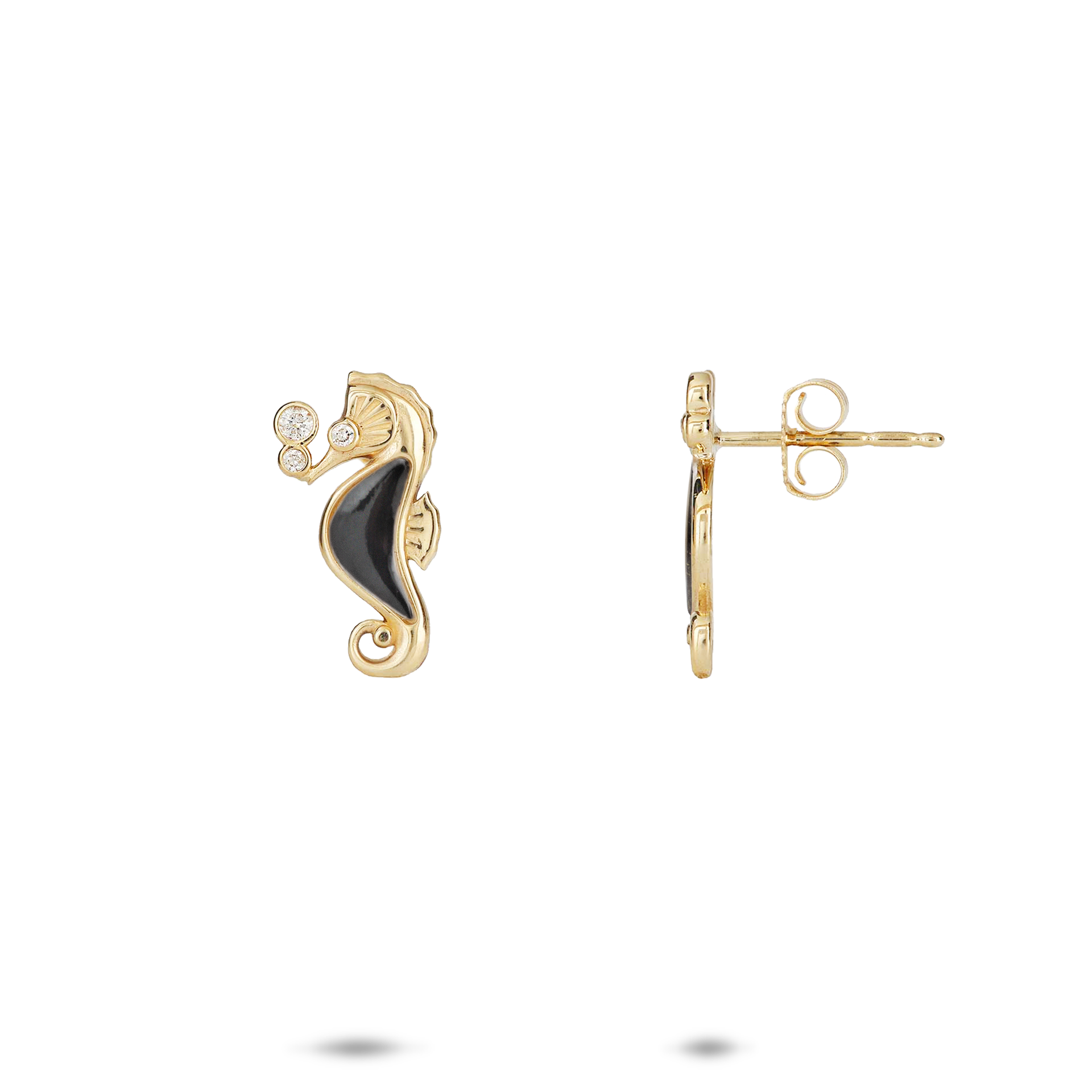 Seahorse Black Coral Stud Earrings in Gold with Diamonds - 15mm