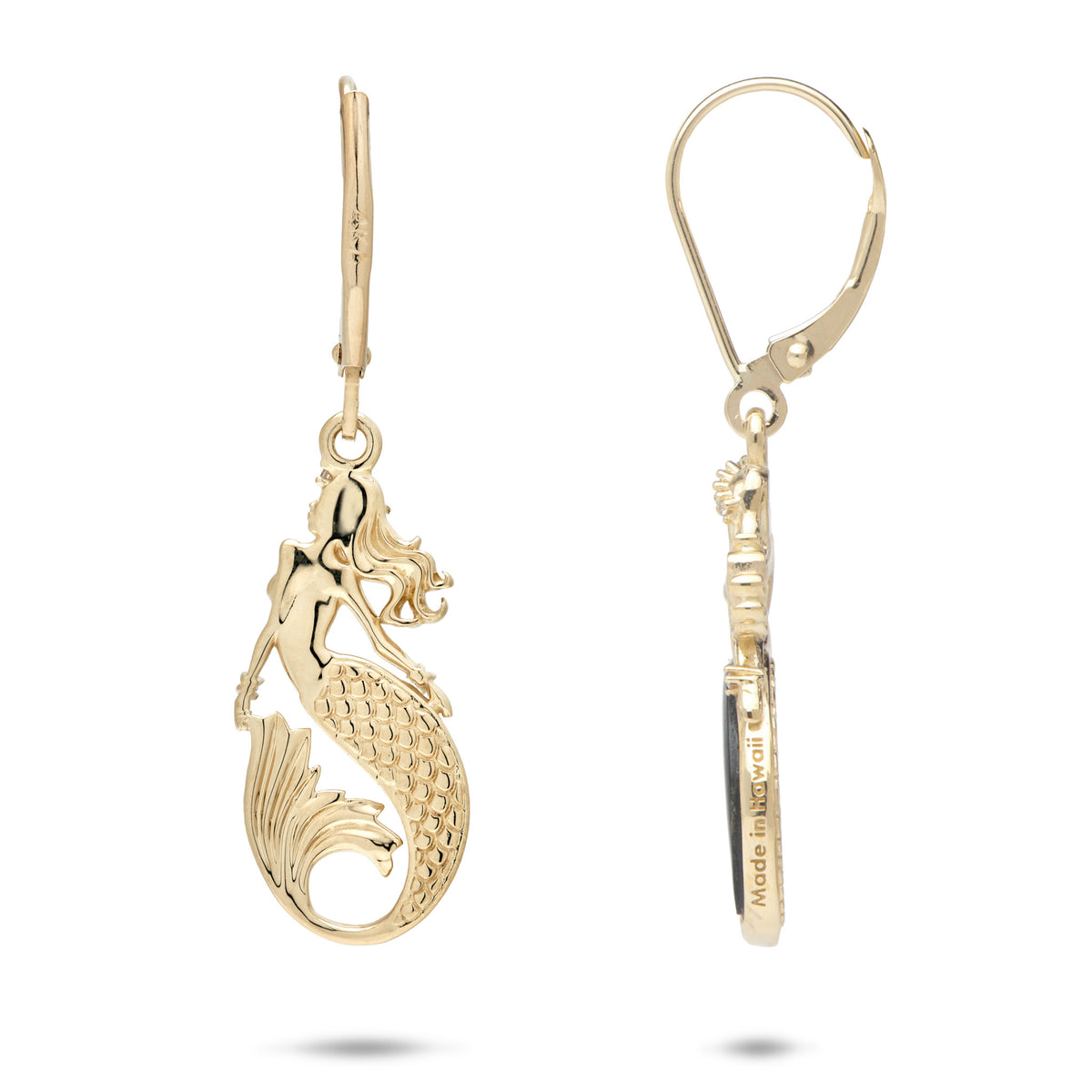 A pair of 14k yellow gold leverback mermaid earrings showcasing the backside with the mermaid patterned tail, shown with a front and side view on a white background