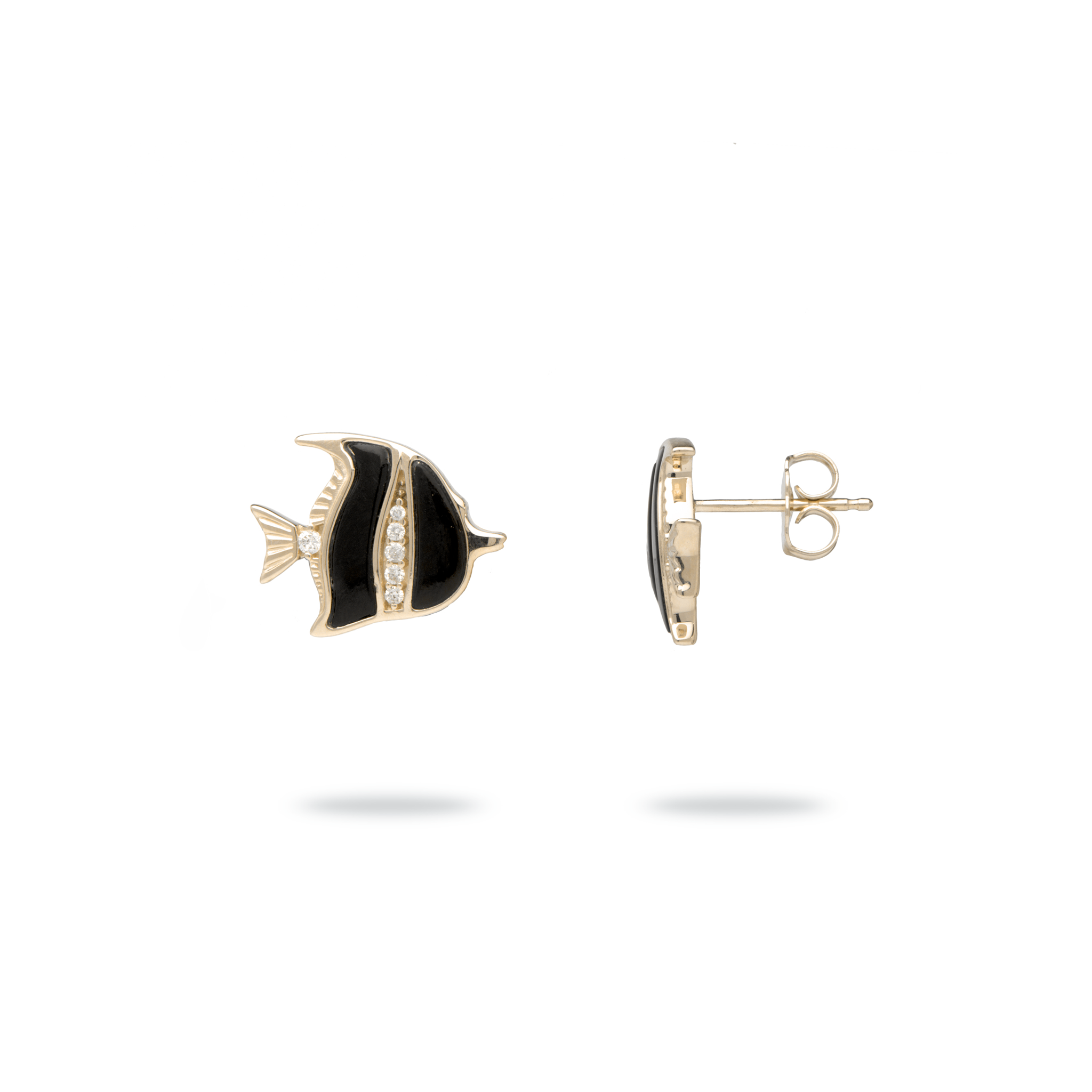 Sealife Angelfish Black Coral Earrings in Gold with Diamonds - 12mm