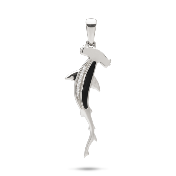 Hammerhead Shark Black Coral Diamond Pendant in White Gold - 34mm