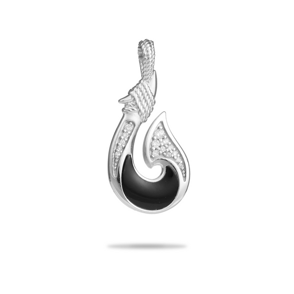 Sealife Fish Hook Black Coral Pendant i White Gold with Diamonds - 27mm - Maui Divers Jewelry