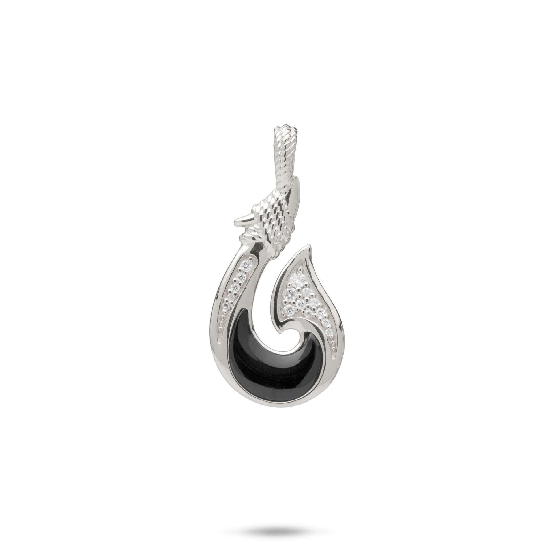 Fish Hook Black Coral Pendant in White Gold with Diamonds