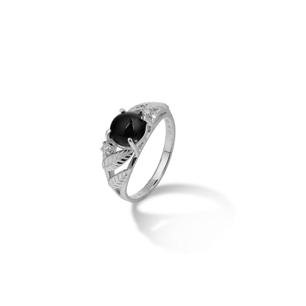 Maui Divers Jewelry Maile Black Coral Ring in White Gold with Diamonds on White Background