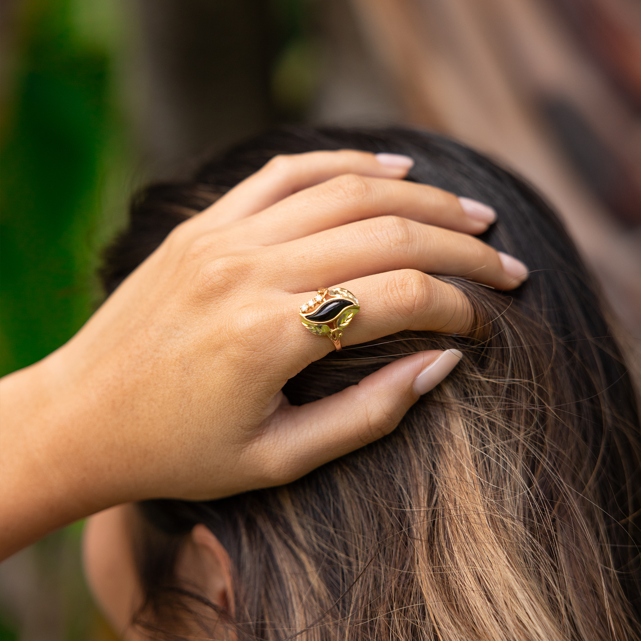 Paradise Black Coral Ring in Gold with Diamonds