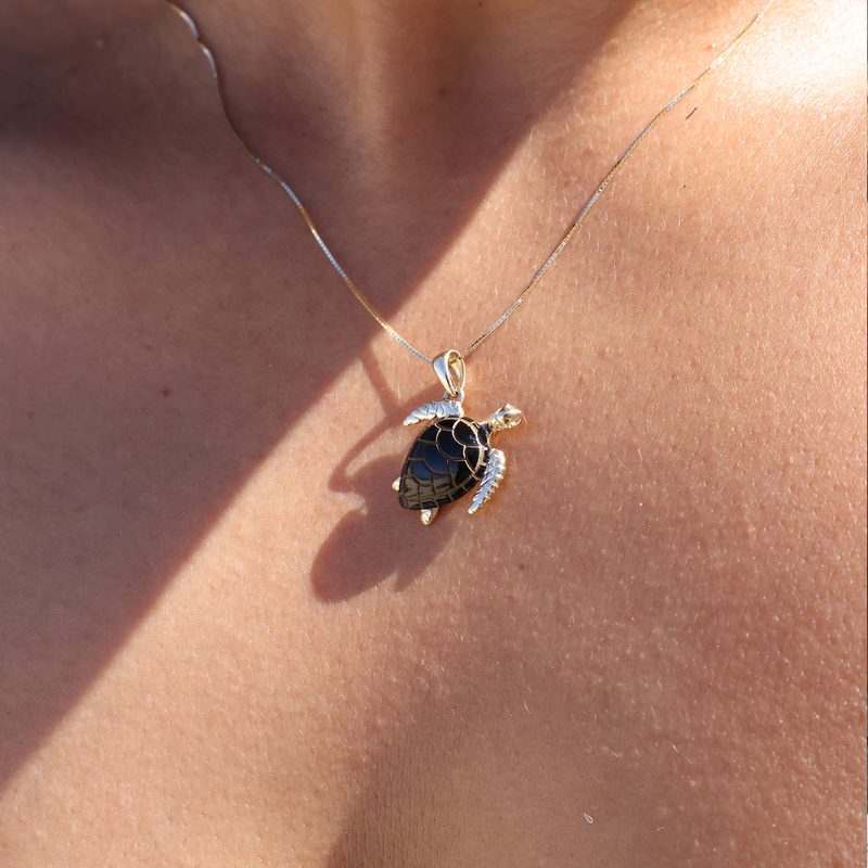 Honu Black Coral Pendant in Gold - 16mm on Chest - Maui Divers Jewelry