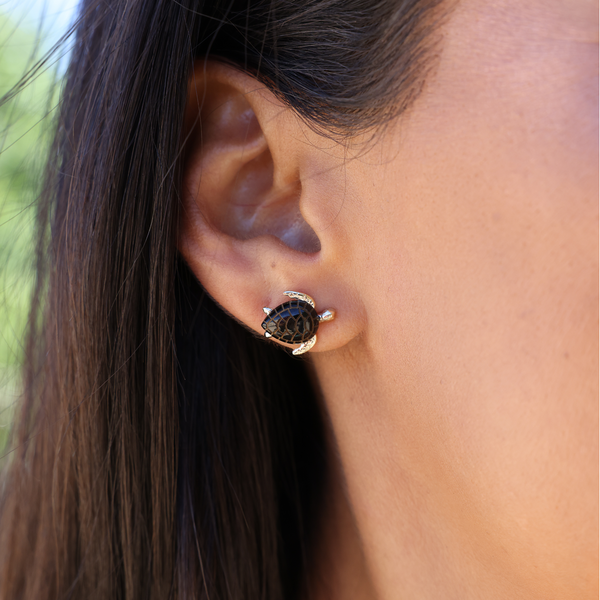 Maui Divers Jewelry Honu Black Coral Earrings in Gold - 12mm on Ear - Maui Divers Jewelry