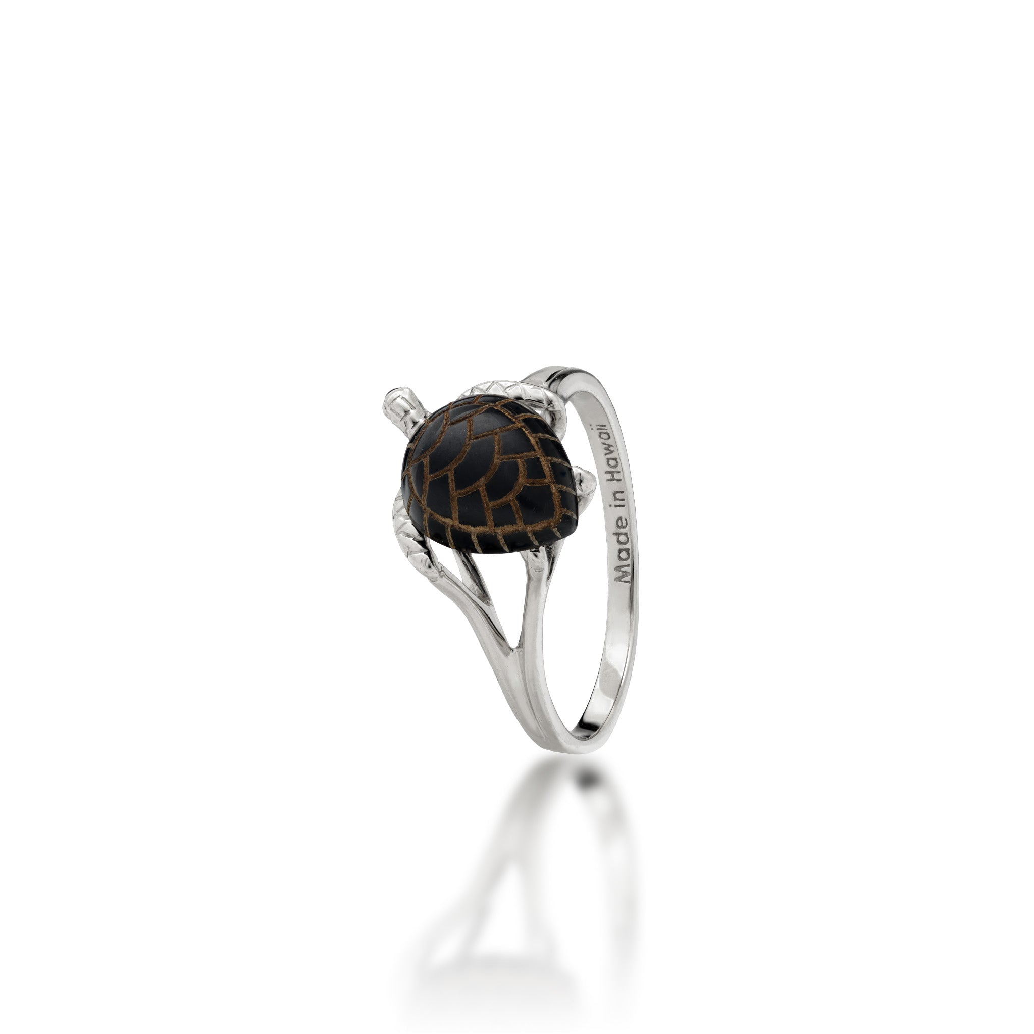Honu (Sea Turtle) Black Coral Ring in White Gold