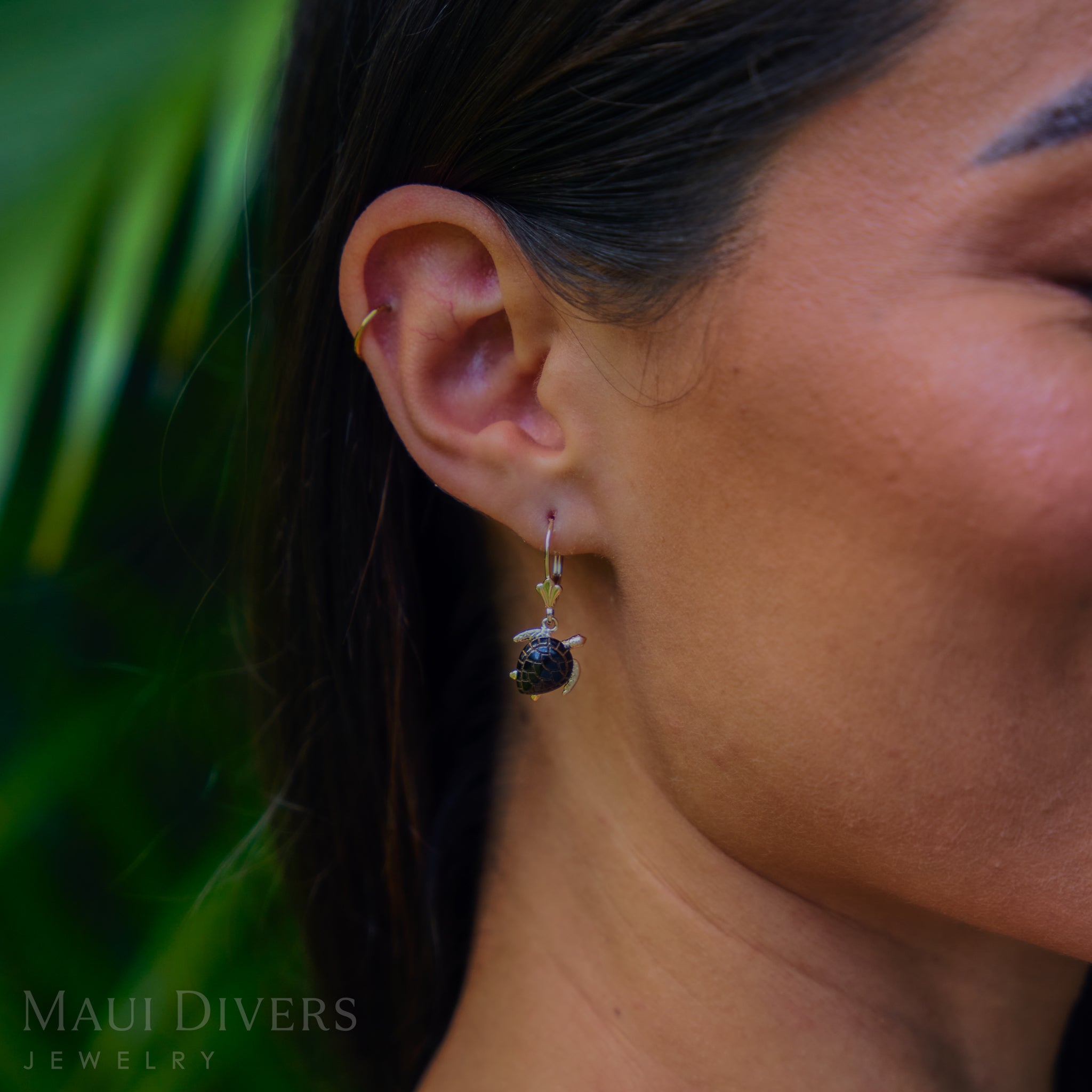 Honu (Sea Turtle) Black Coral Leverback Earrings in Gold