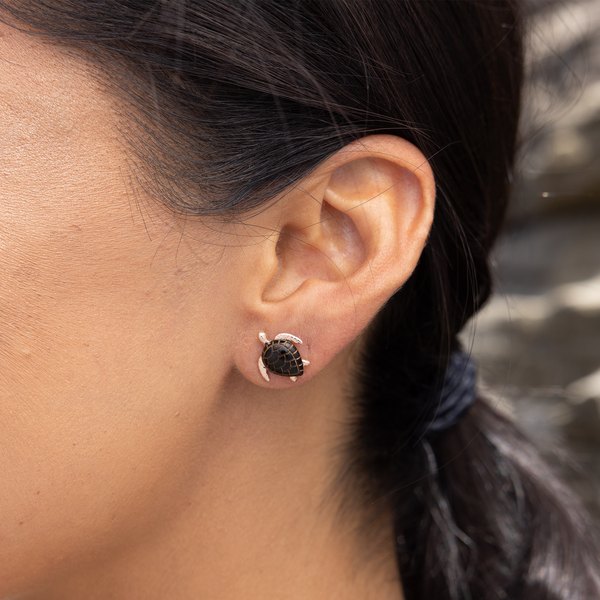 Honu Black Coral Earrings in Rose Gold - 12mm
