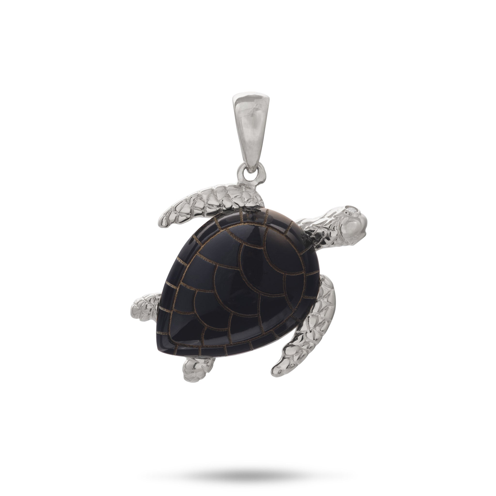 Honu (Sea Turtle) Black Coral Diamond Pendant in White Gold - 26mm