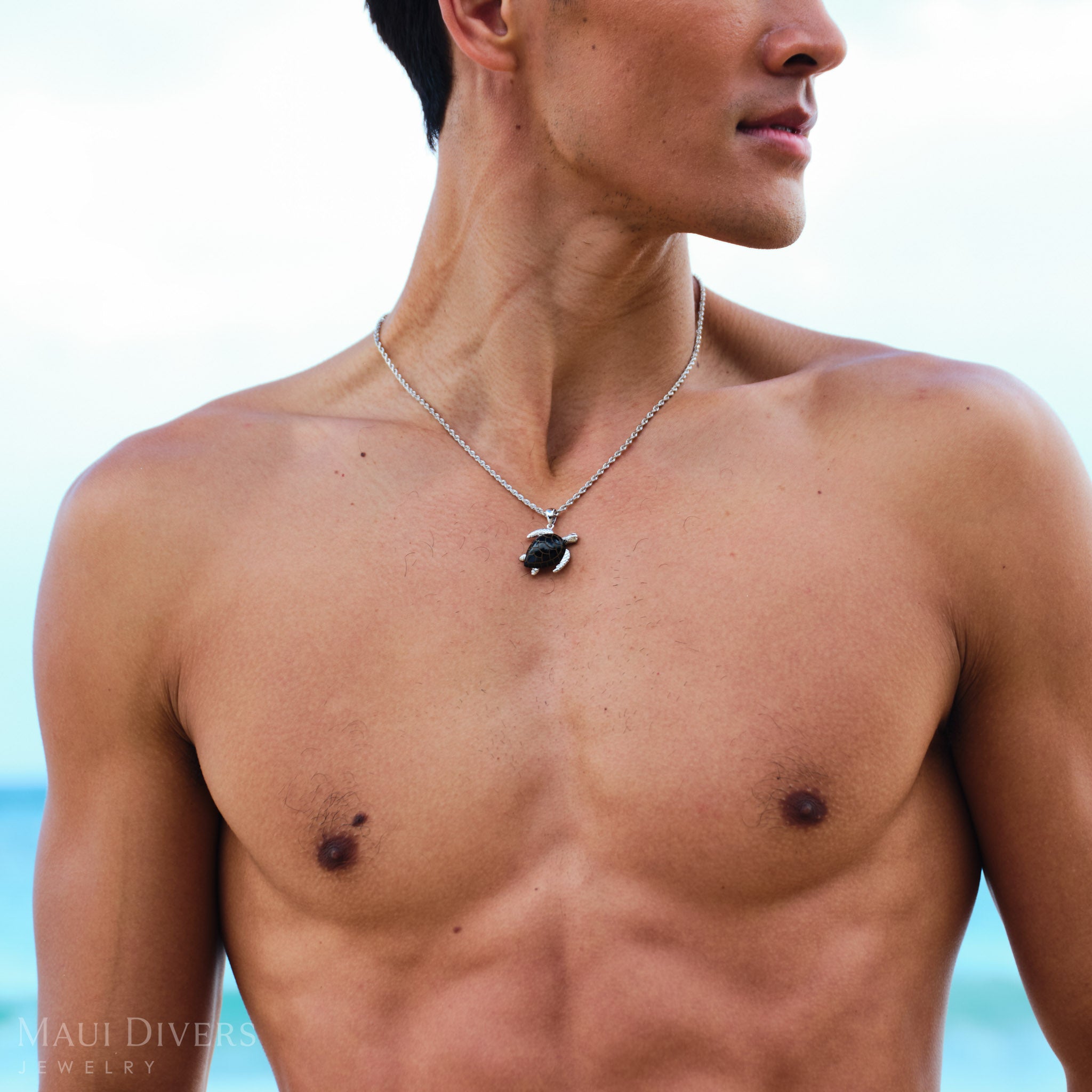 Honu (Sea Turtle) Black Coral Diamond Pendant in White Gold - 26mm