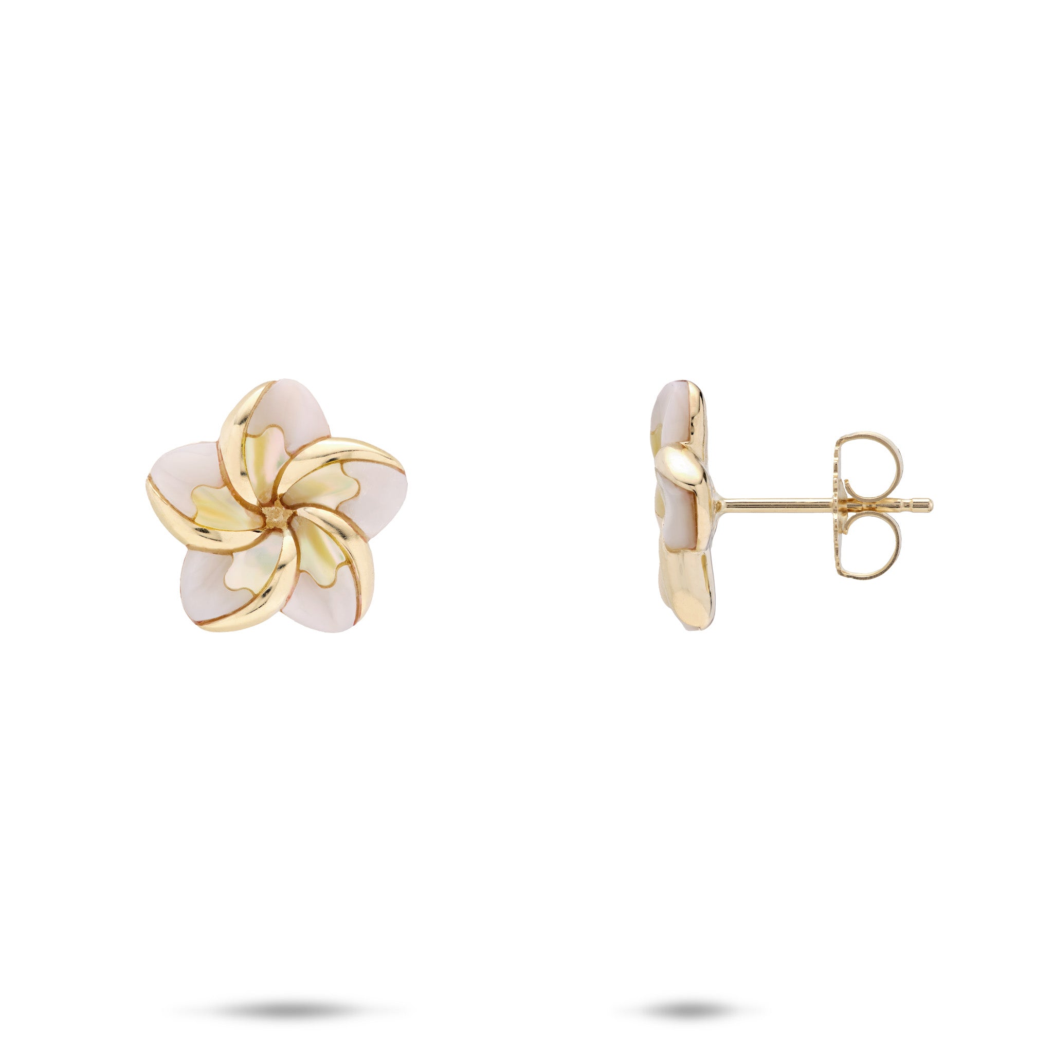 13mm Plumeria Mother of Pearl Earrings in 14k Yellow Gold on white background
