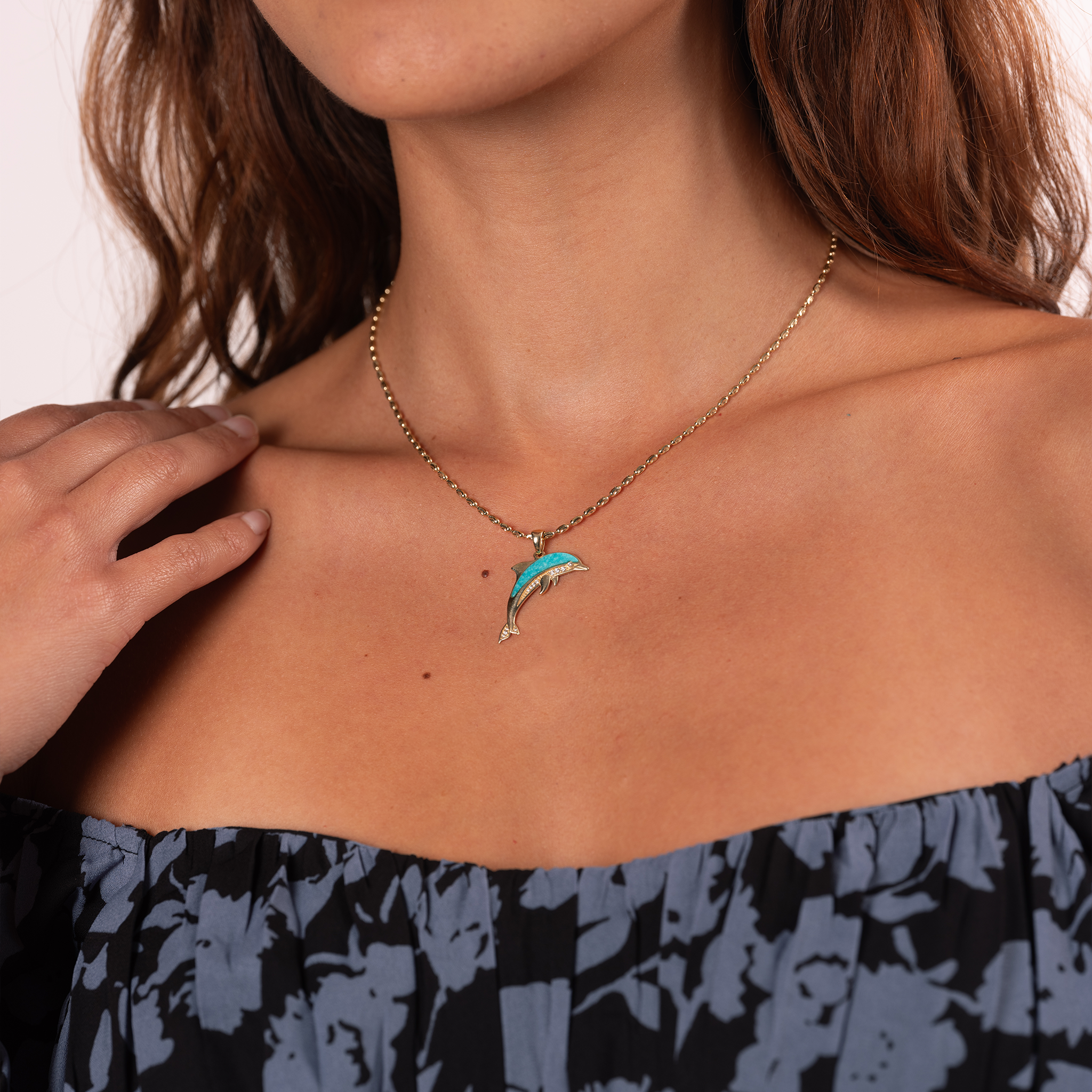 Sealife Dolphin Turquoise Pendant in Gold with Diamonds - 29mm