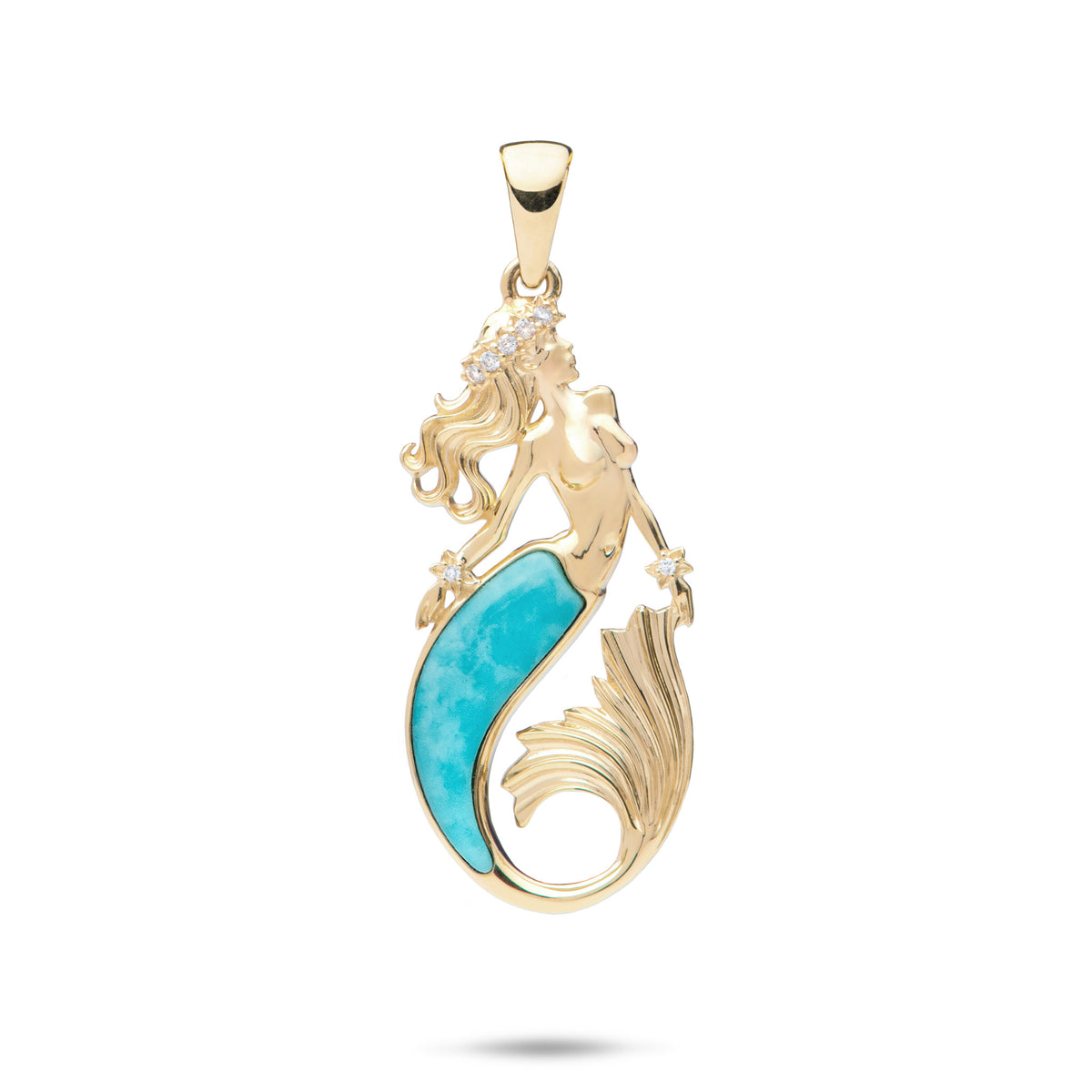 A 14k yellow gold mermaid pendant with a diamond head lei, diamond accented wrists, and turquoise inlay along the tail, shown on a white background