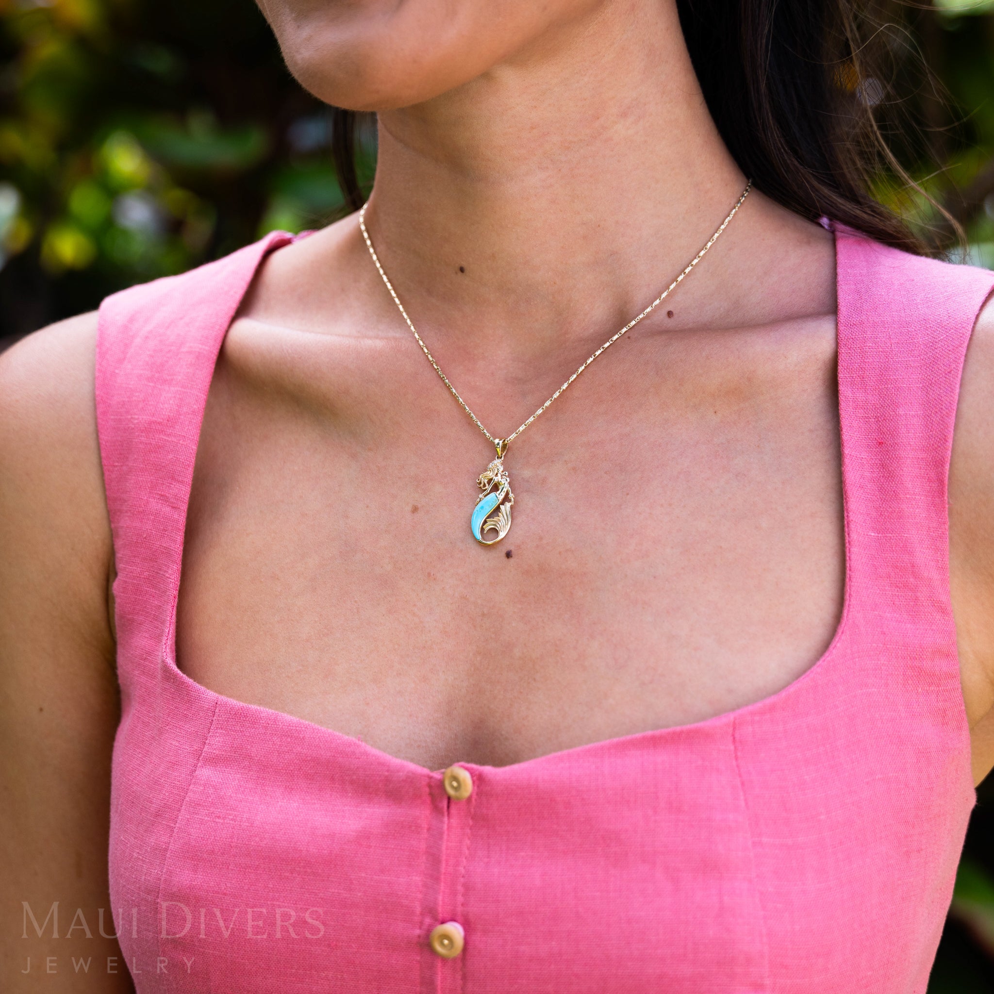 Sealife Mermaid Turquoise Pendant in Gold with Diamonds - 30mm