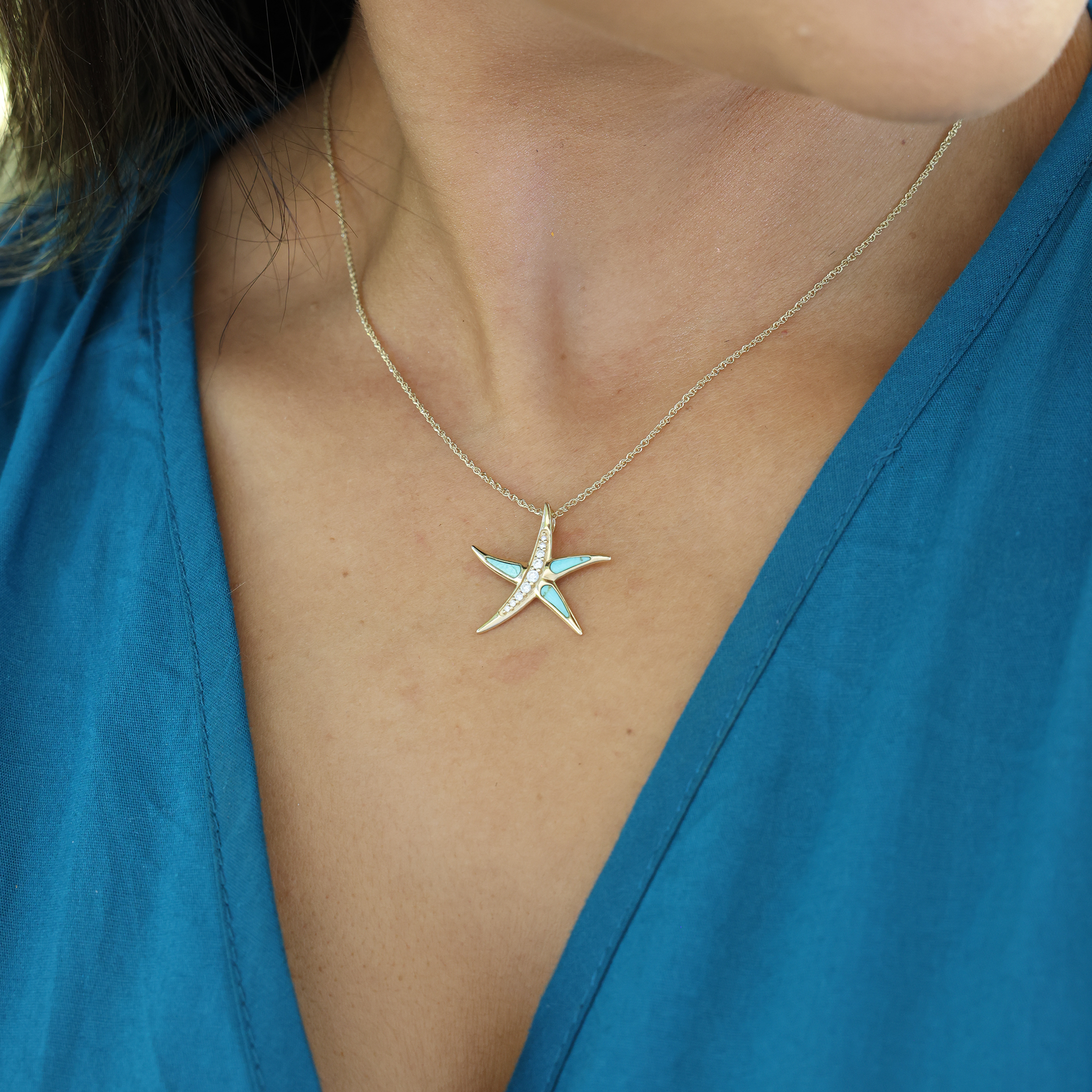 Pendentif turquoise Starfish SealLife en or avec diamants - 23 mm